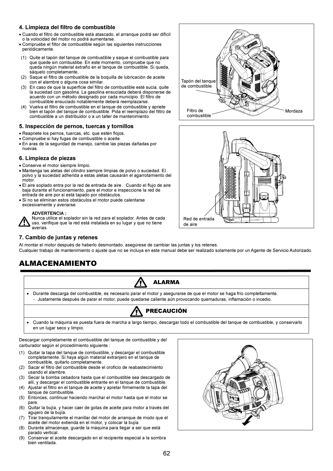 Makita BBX7600CA Almacenamiento, Limpieza del filtro de combustible, Inspección de pernos, tuercas y tornillos 