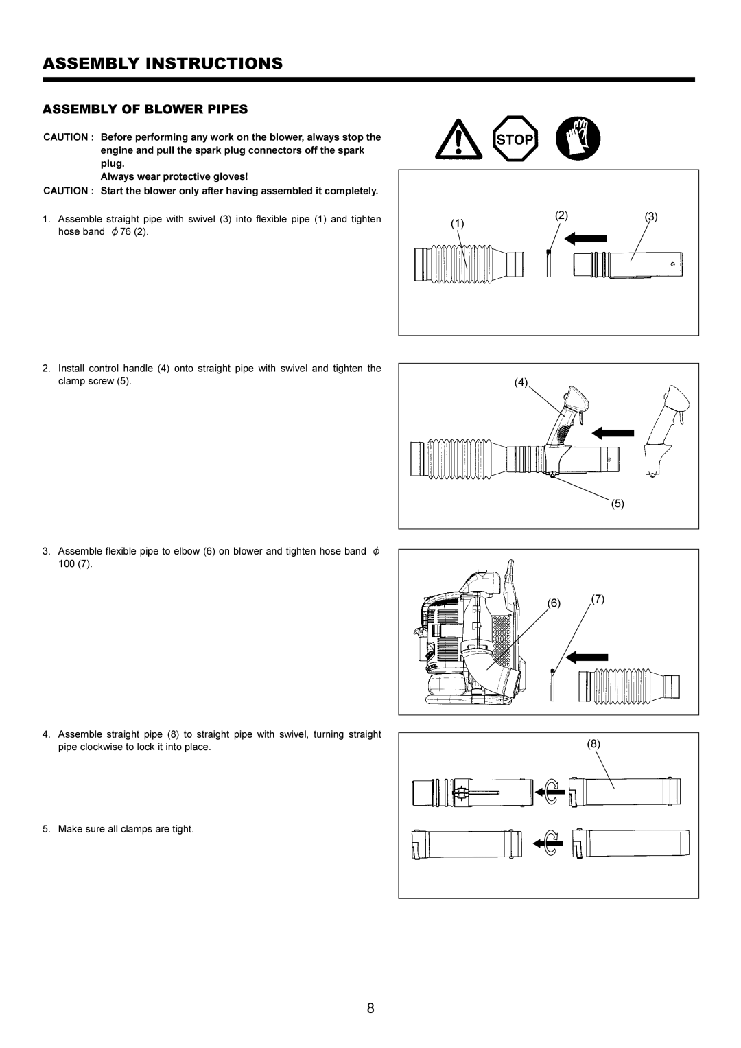 Makita BBX7600CA instruction manual Assembly Instructions, Assembly of Blower Pipes 