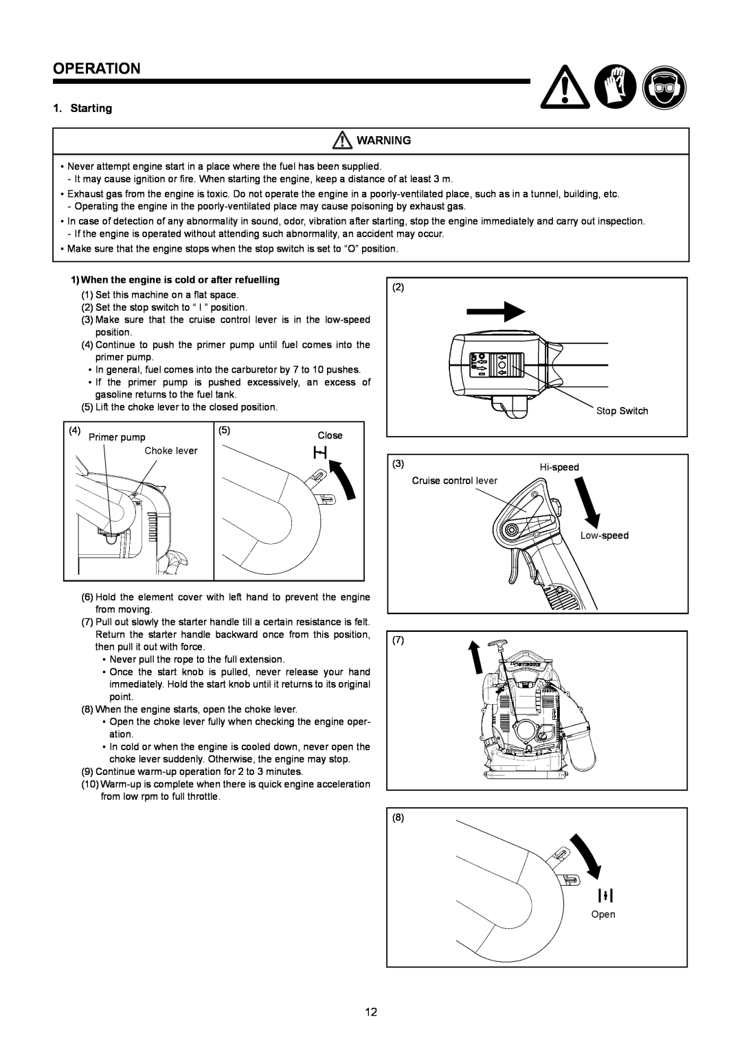 Makita BBX7600CA instruction manual Operation, Starting, When the engine is cold or after refuelling 