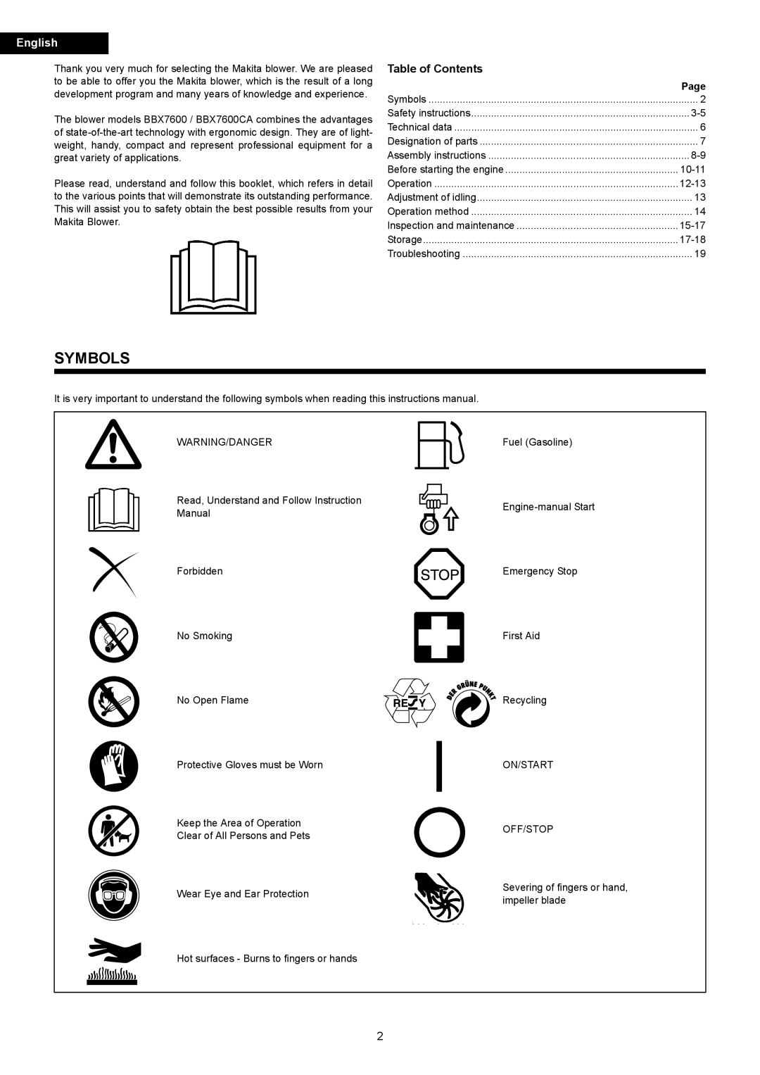 Makita BBX7600CA instruction manual Symbols, English, Table of Contents, Page 