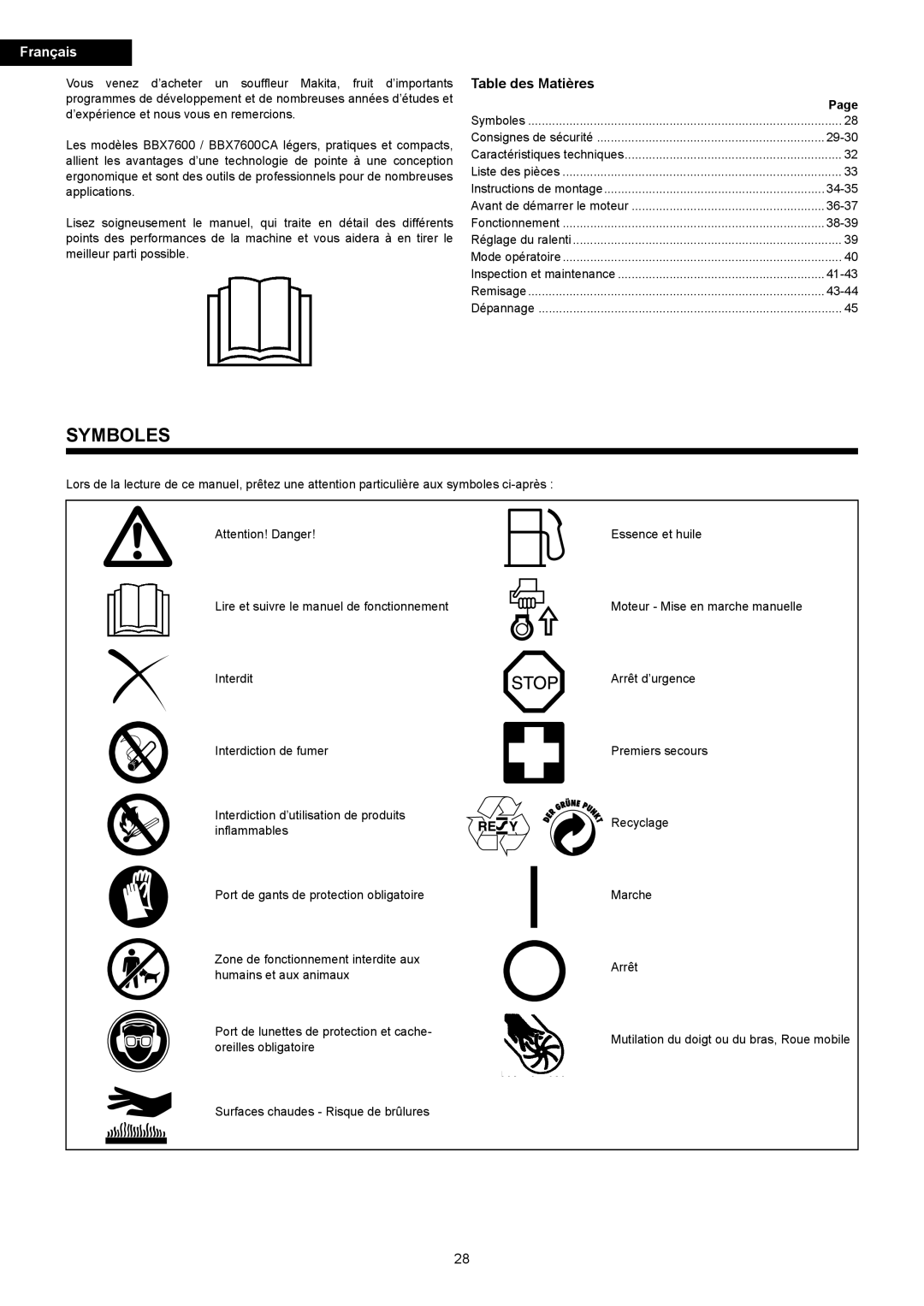 Makita BBX7600CA instruction manual Symboles, Français, Table des Matières, Page 