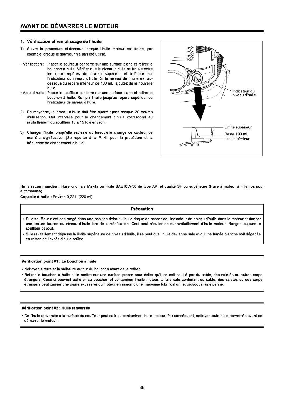 Makita BBX7600CA instruction manual Avant De Démarrer Le Moteur, 1. Vérification et remplissage de l’huile, Précaution 
