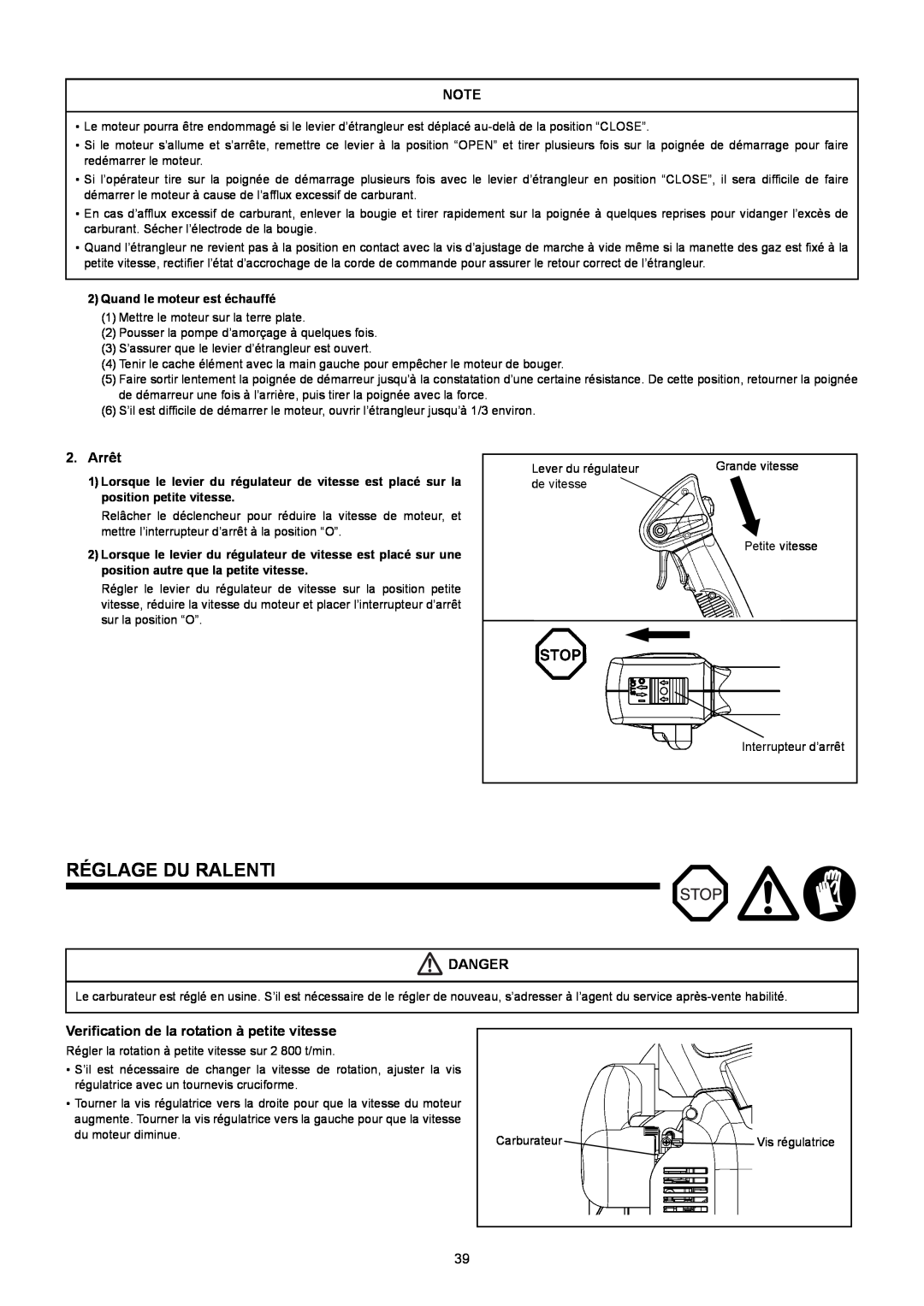 Makita BBX7600CA instruction manual Réglage Du Ralenti, Arrêt, Danger, Verification de la rotation à petite vitesse 