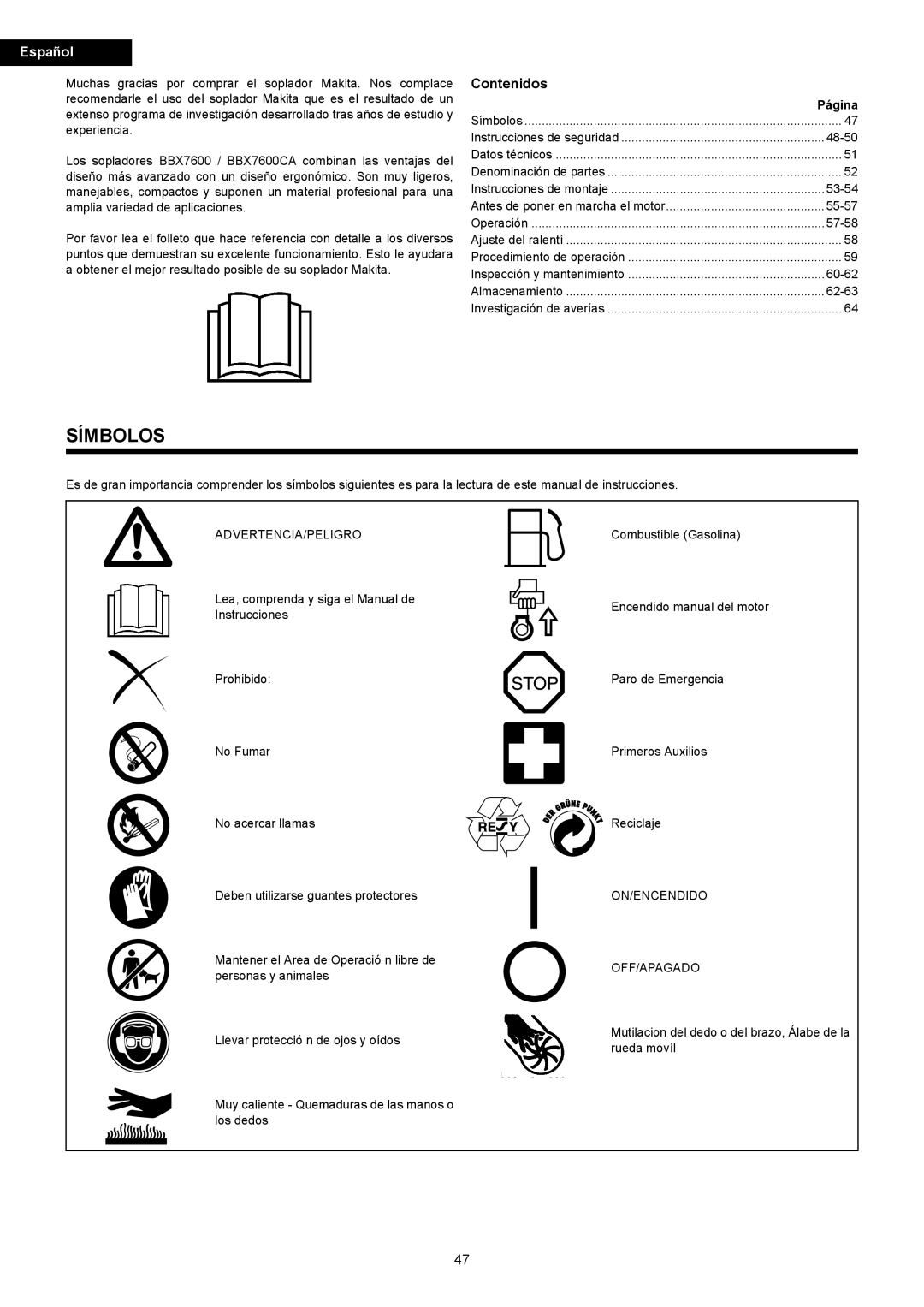 Makita BBX7600CA instruction manual Símbolos, Español, Contenidos 