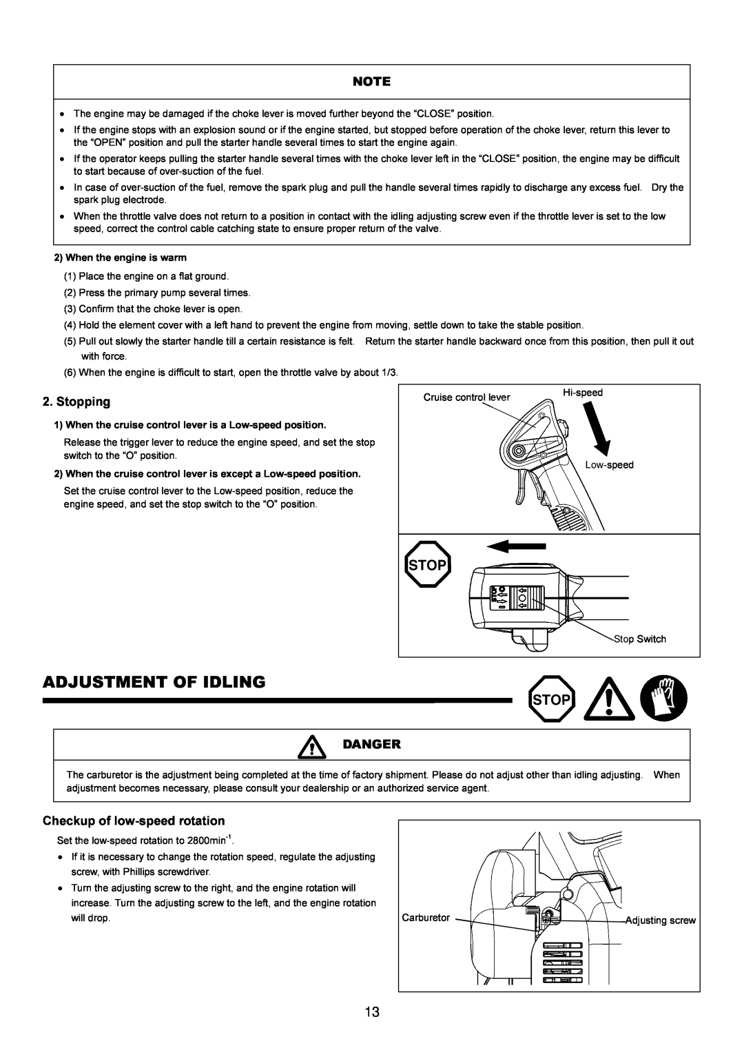 Makita BBX7600CA instruction manual Adjustment Of Idling, Stopping, Danger, Checkup of low-speed rotation 