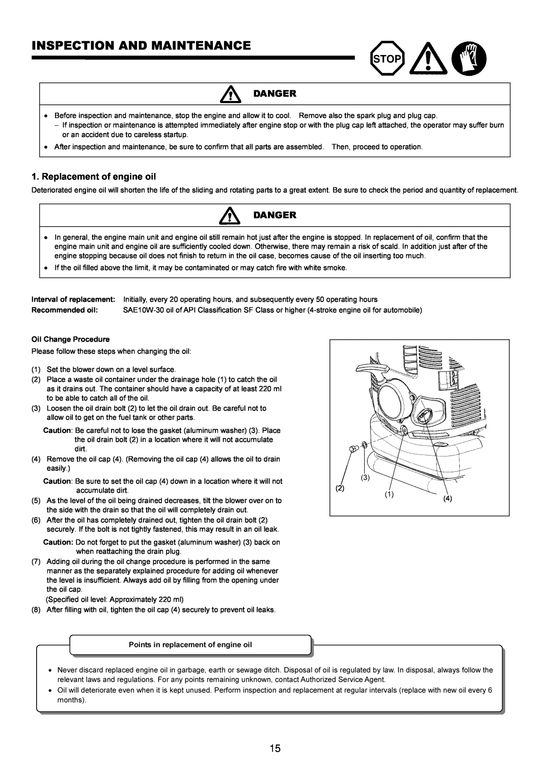 Makita BBX7600CA instruction manual Inspection And Maintenance, Danger, Replacement of engine oil 