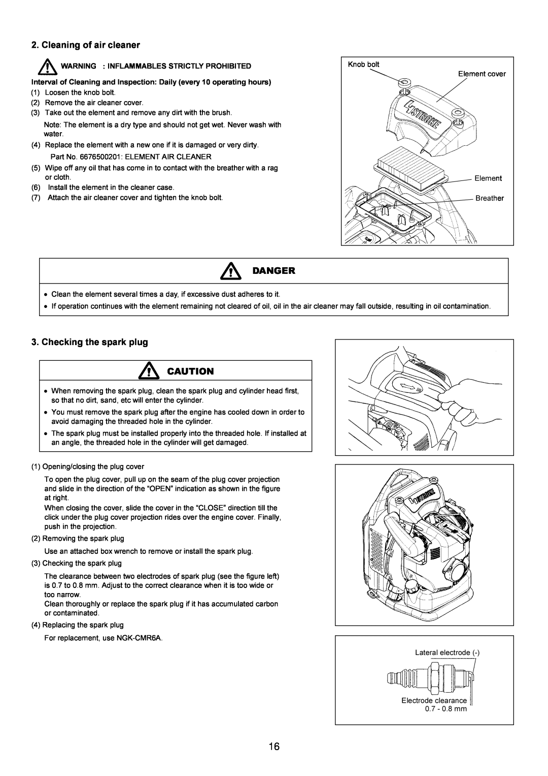 Makita BBX7600CA instruction manual Cleaning of air cleaner, Danger, Checking the spark plug 