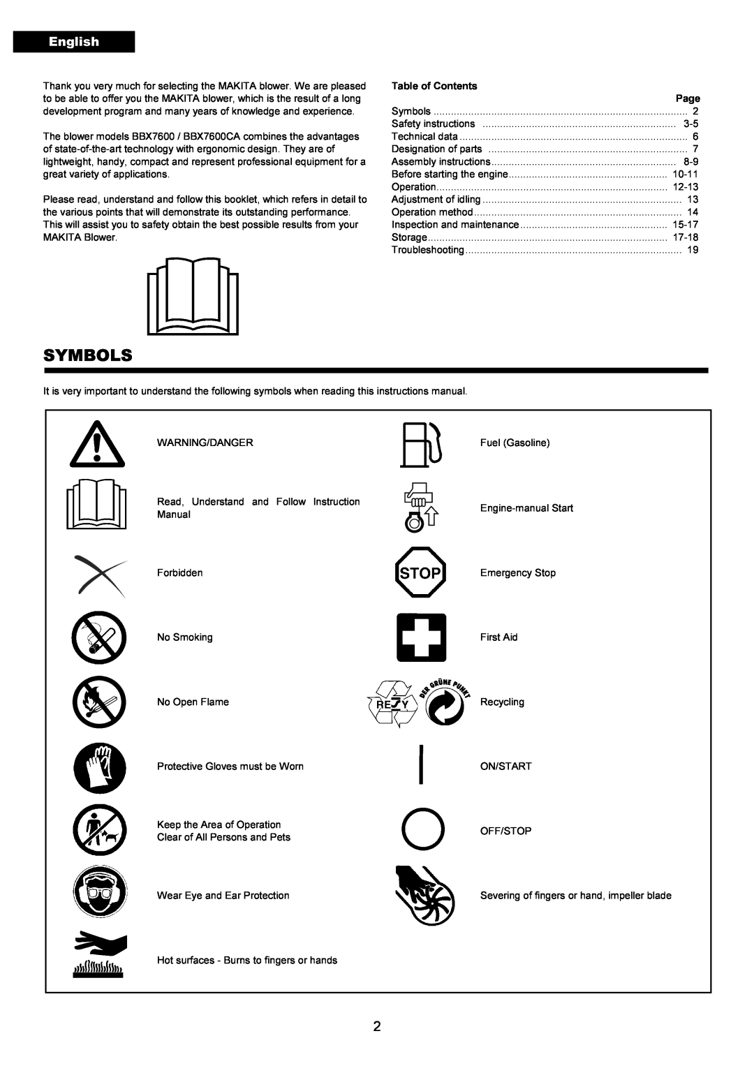 Makita BBX7600CA instruction manual Symbols, English 
