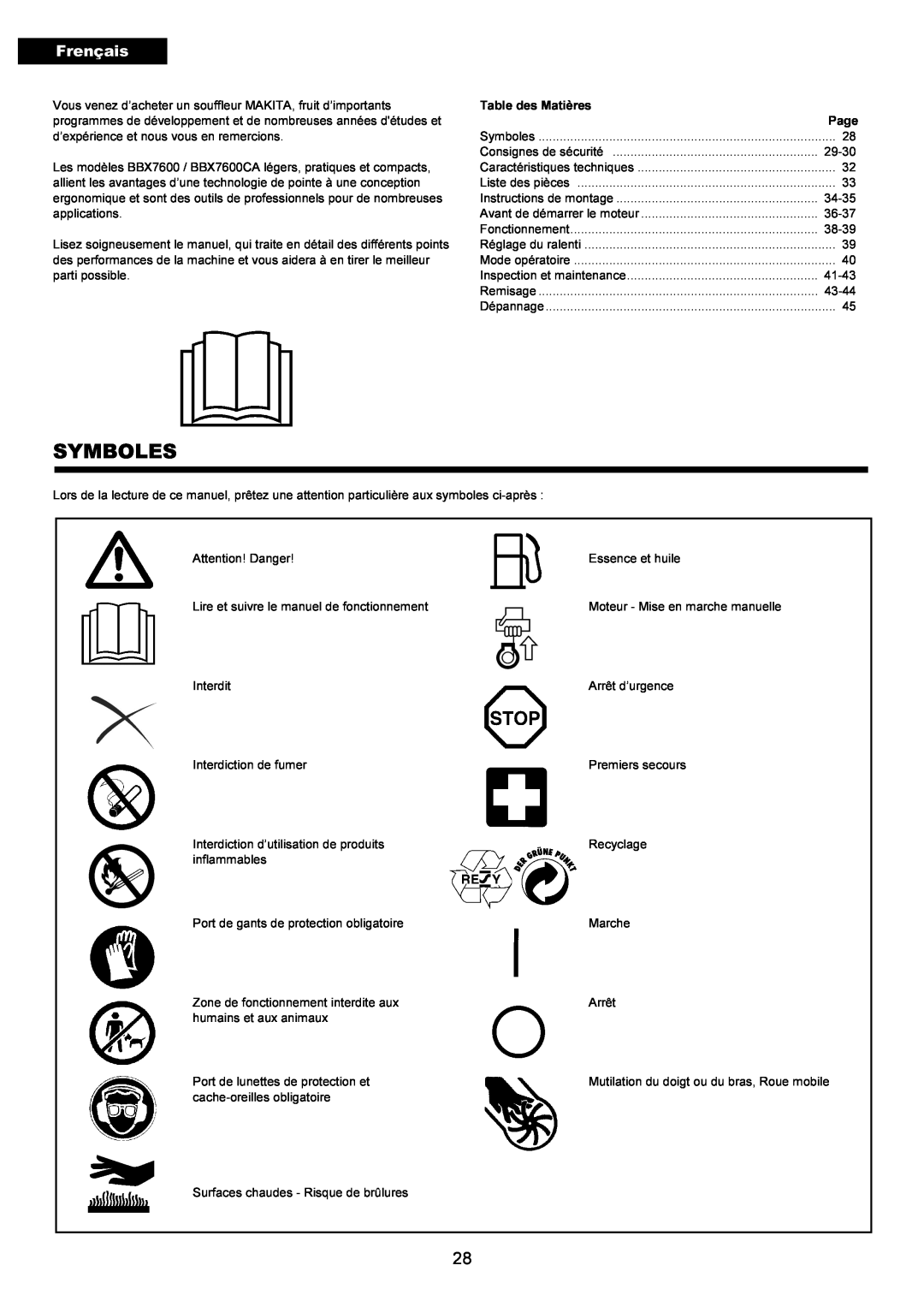 Makita BBX7600CA instruction manual Symboles, Frençais 