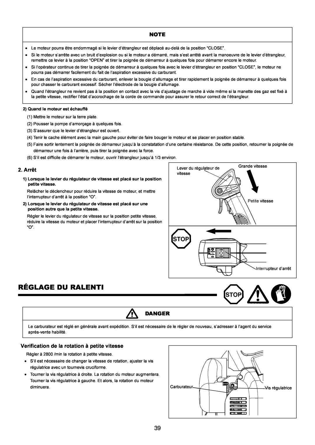 Makita BBX7600CA instruction manual Réglage Du Ralenti, Arrêt, Danger, Verification de la rotation à petite vitesse 