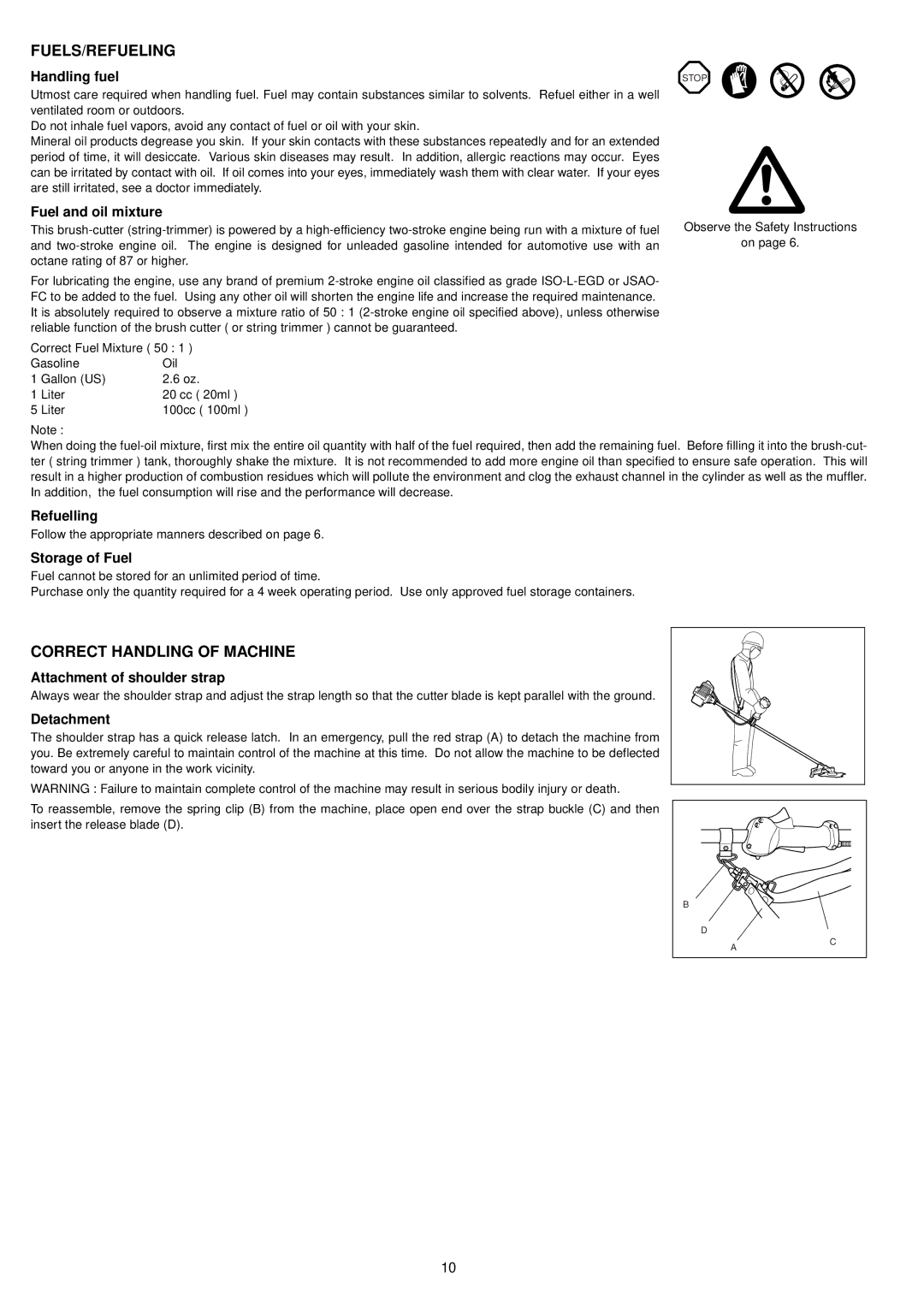 Makita BCM3300, BCM3310CA, BCM2600, BCM2310CA instruction manual Fuels/Refueling, Correct Handling of Machine 