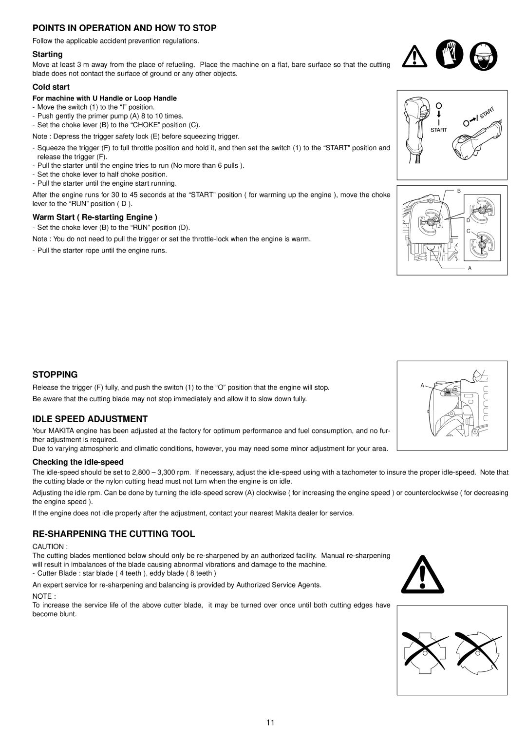 Makita BCM3310CA Points in Operation and HOW to Stop, Stopping, Idle Speed Adjustment, RE-SHARPENING the Cutting Tool 