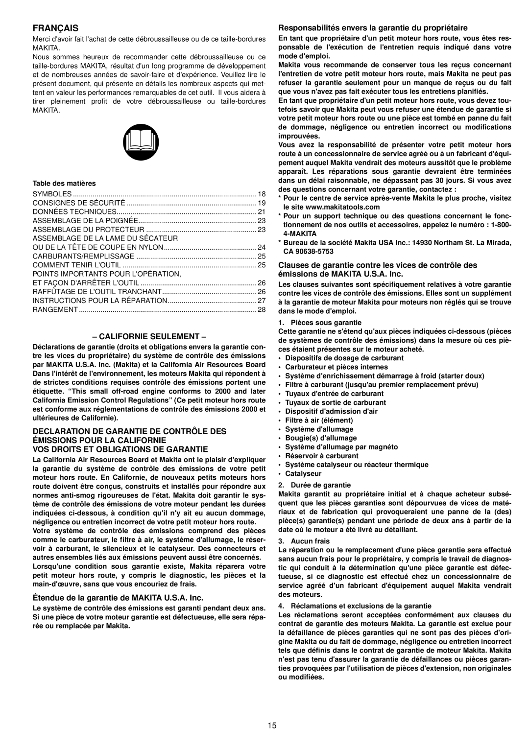 Makita BCM3300, BCM3310CA Français, Californie Seulement, Étendue de la garantie de Makita U.S.A. Inc, Table des matières 