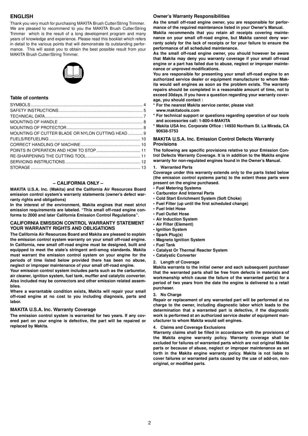 Makita BCM2310, BCM3300, BCM3310CA English, Table of contents, California only, Makita U.S.A. Inc. Warranty Coverage 