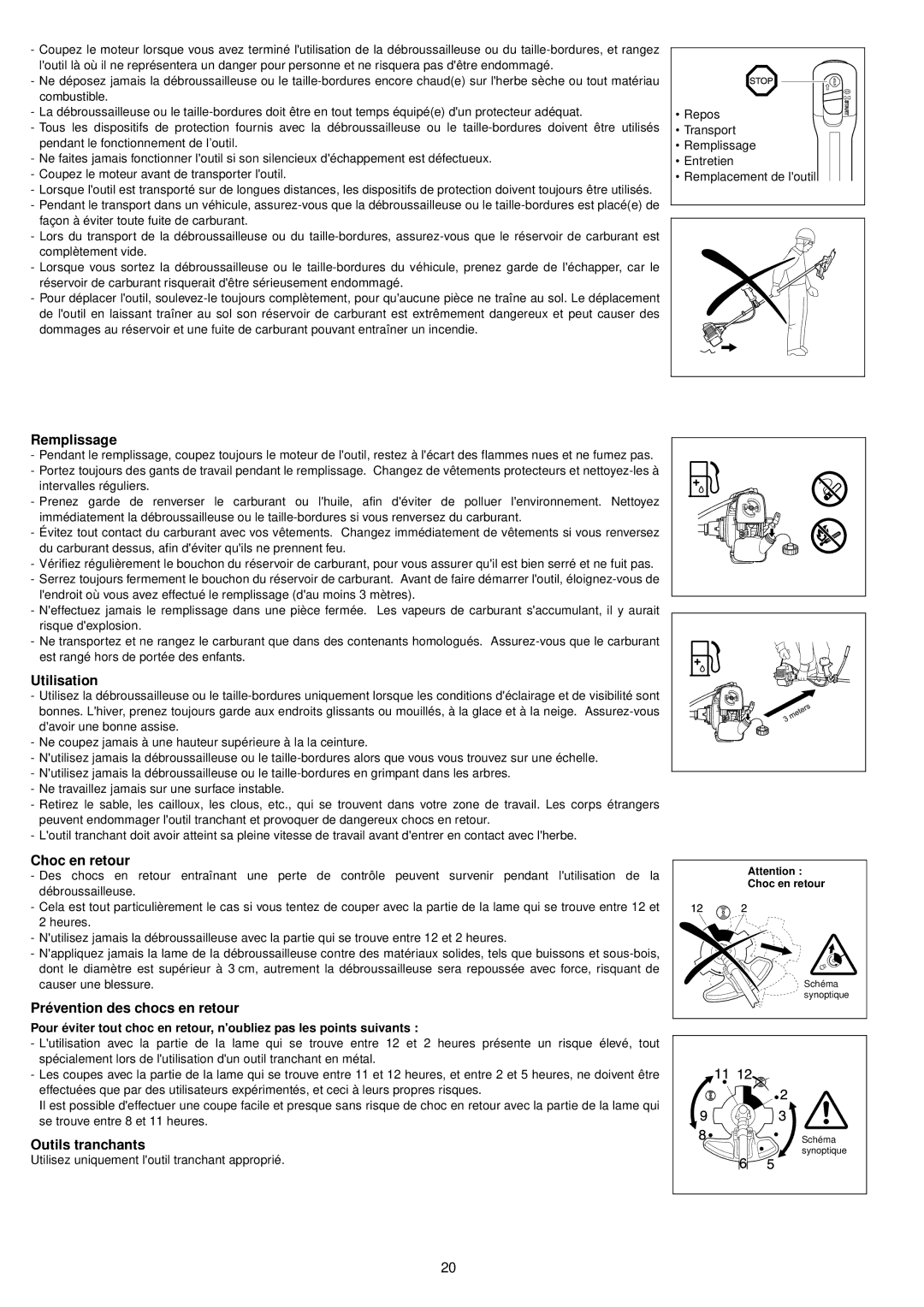 Makita BCM3300, BCM3310CA Remplissage, Utilisation, Choc en retour, Prévention des chocs en retour, Outils tranchants 