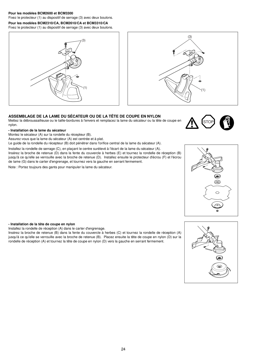 Makita BCM2310CA, BCM3310CA Pour les modèles BCM2600 et BCM3300, Pour les modèles BCM2310/CA, BCM2610/CA et BCM3310/CA 