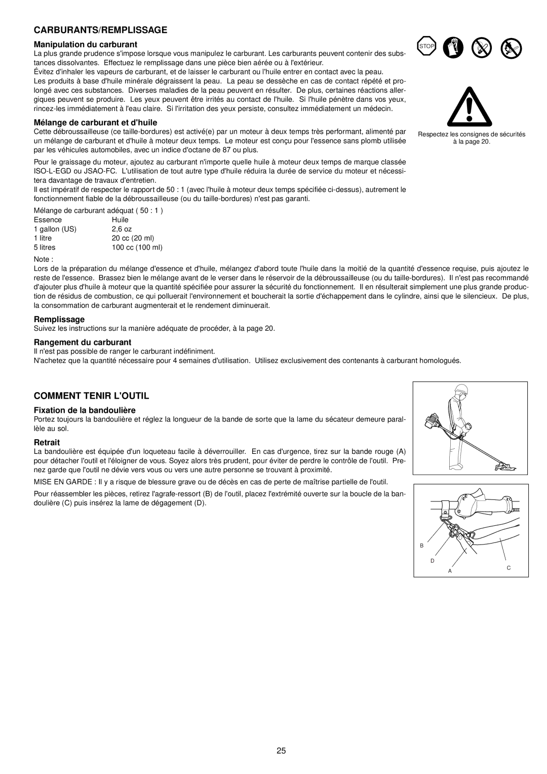 Makita BCM3300, BCM3310CA, BCM2600, BCM2310CA instruction manual Carburants/Remplissage, Comment Tenir Loutil 