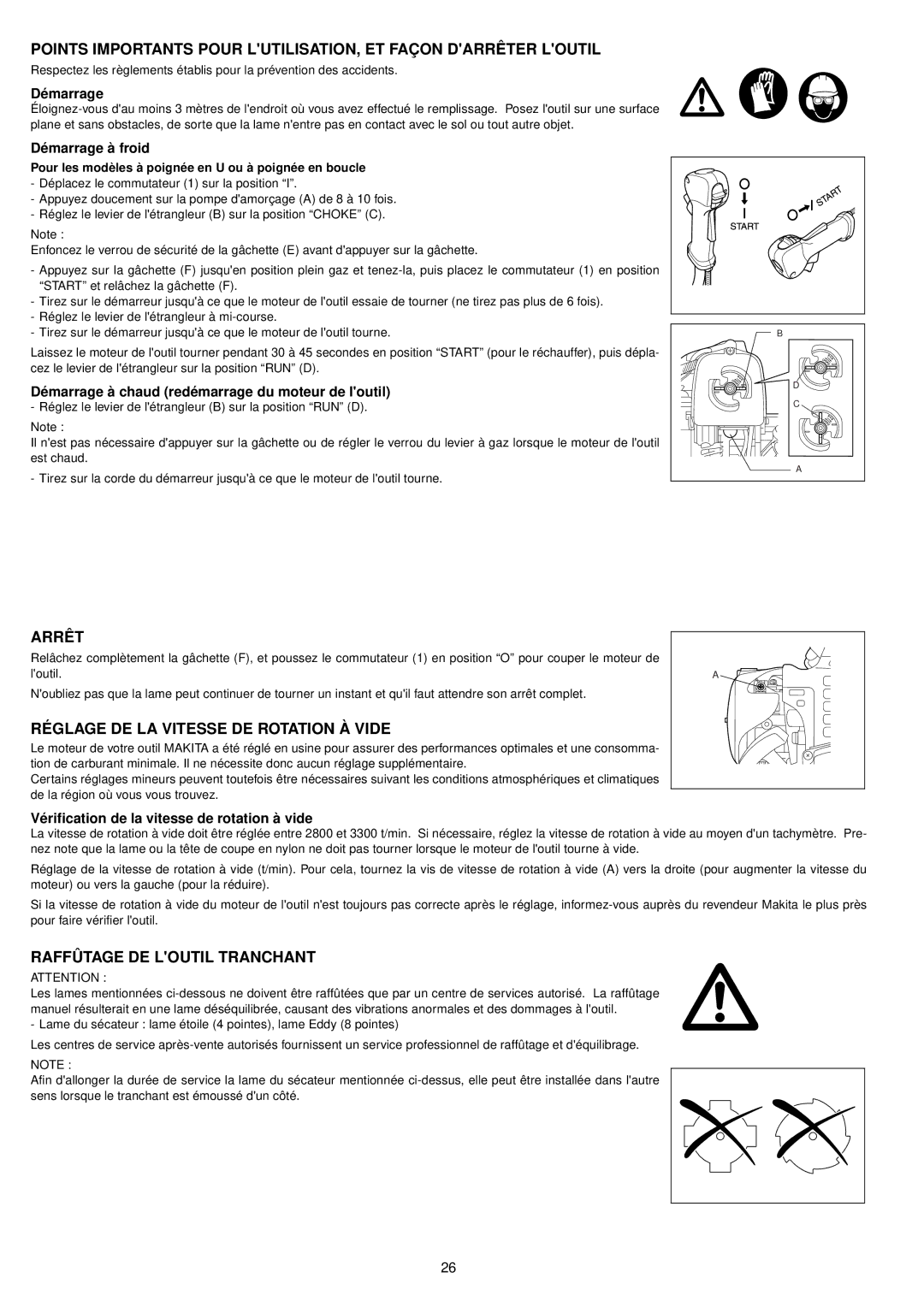 Makita BCM3310CA, BCM3300, BCM2310, BCM2600 Arrêt, Réglage DE LA Vitesse DE Rotation À Vide, Raffûtage DE Loutil Tranchant 