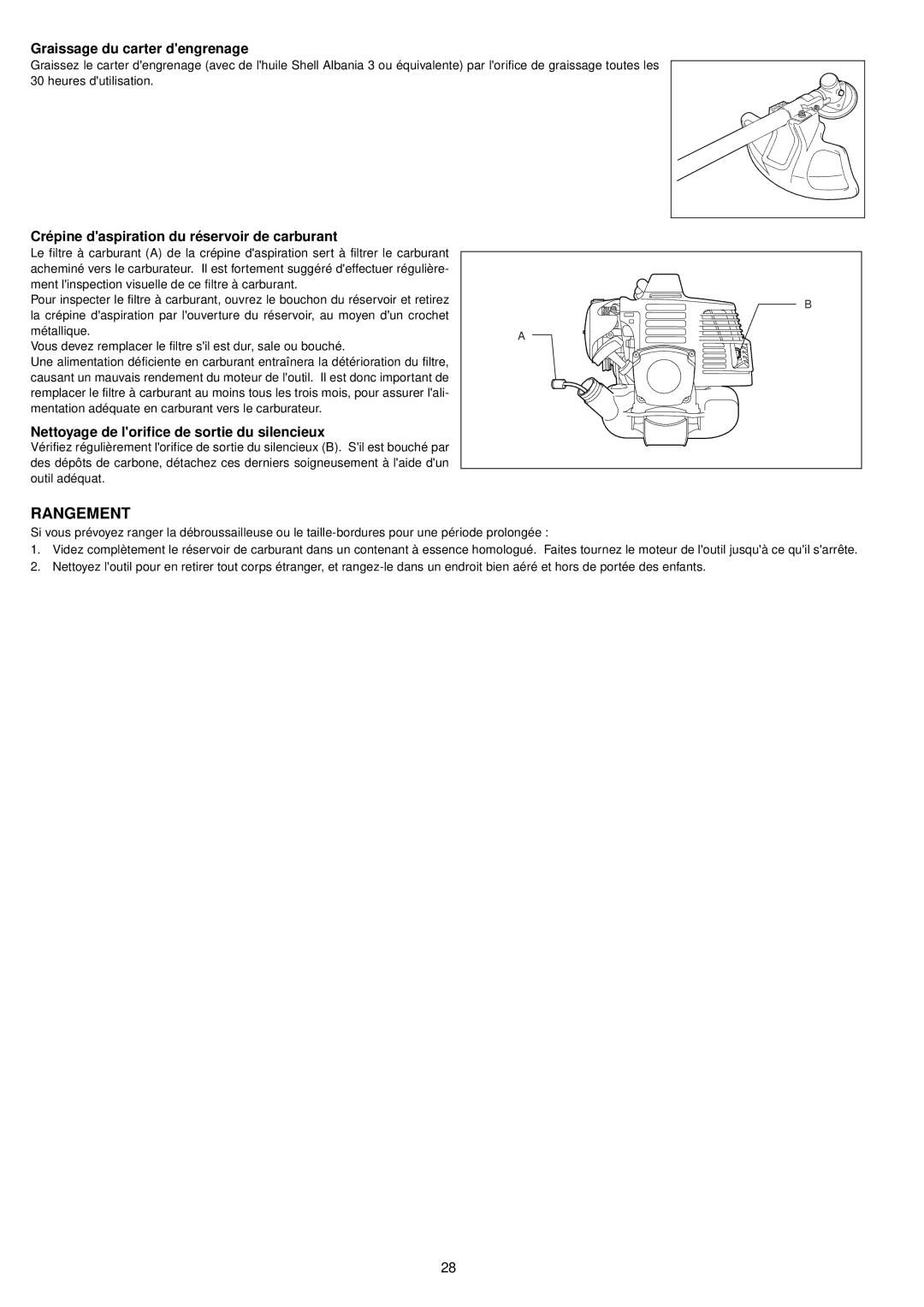 Makita BCM2600, BCM3300, BCM3310CA Rangement, Graissage du carter dengrenage, Crépine daspiration du réservoir de carburant 