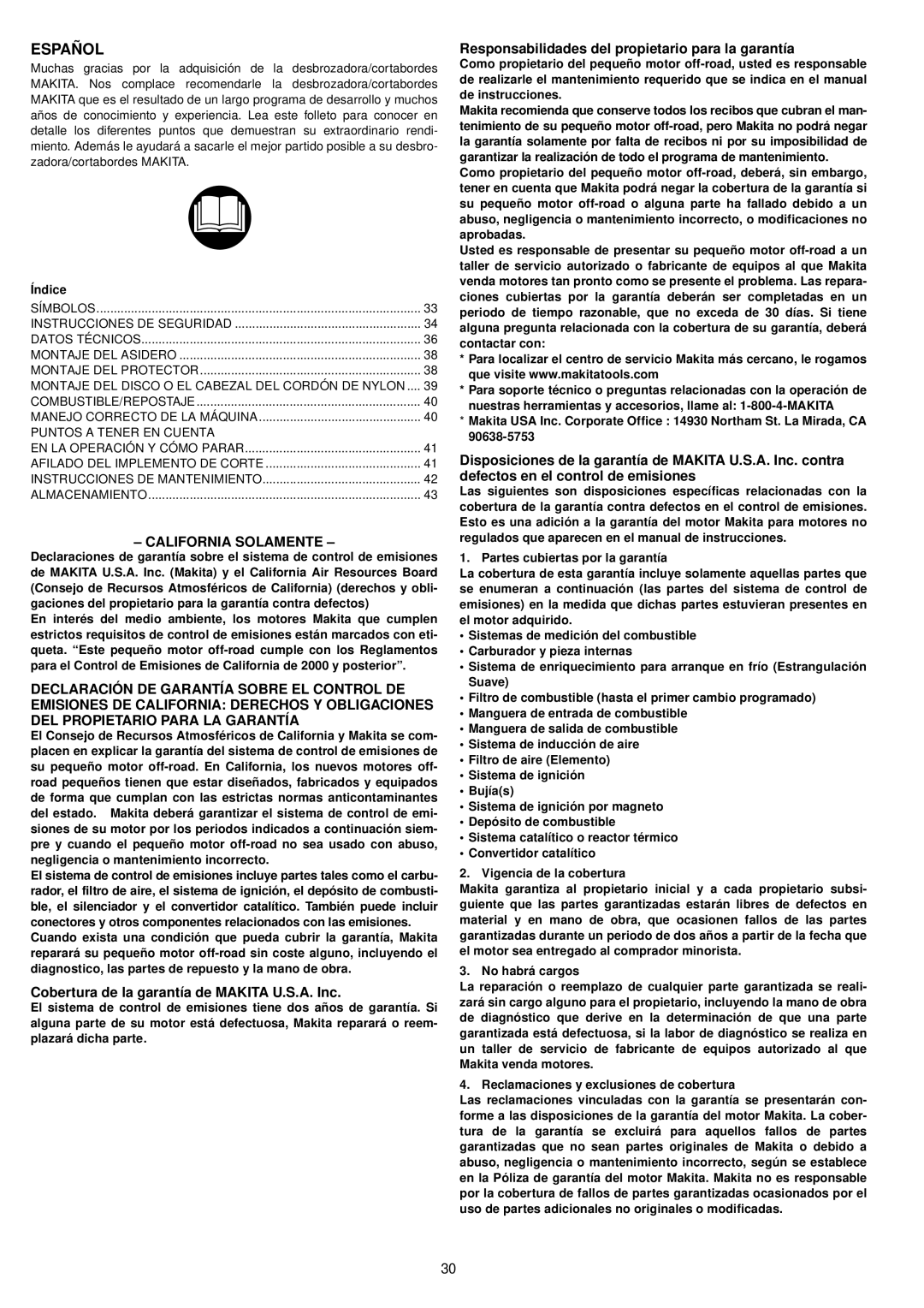 Makita BCM3300, BCM3310CA, BCM2310 Español, California Solamente, Cobertura de la garantía de Makita U.S.A. Inc, Índice 