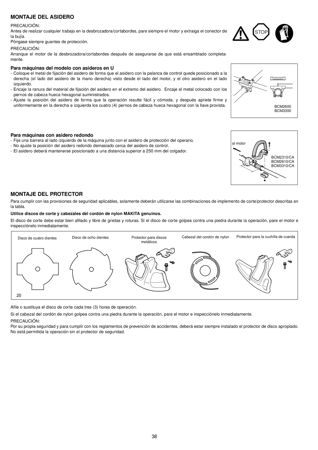 Makita BCM2600, BCM3300 Montaje DEL Asidero, Montaje DEL Protector, Para máquinas del modelo con asideros en U, Precaución 