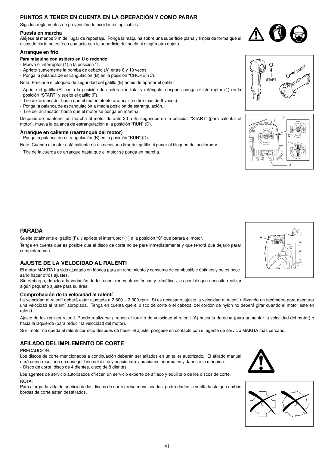 Makita BCM3310CA, BCM3300 Puntos a Tener EN Cuenta EN LA Operación Y Cómo Parar, Parada, Ajuste DE LA Velocidad AL Ralentí 