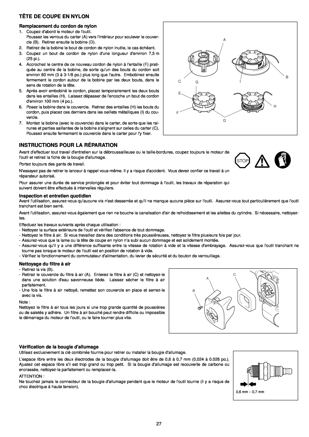 Makita BCM2310, BCM3300 Tête De Coupe En Nylon, Instructions Pour La Réparation, Remplacement du cordon de nylon, Stop 