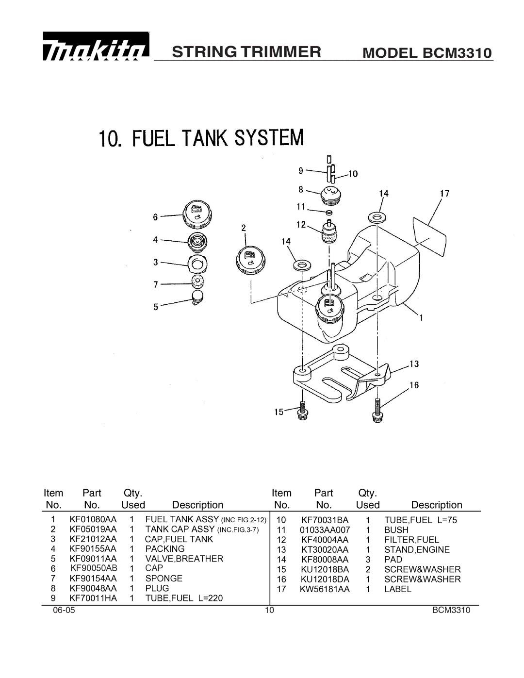 Makita BCM3310 manual Fuel Tank Assy INC. -12 