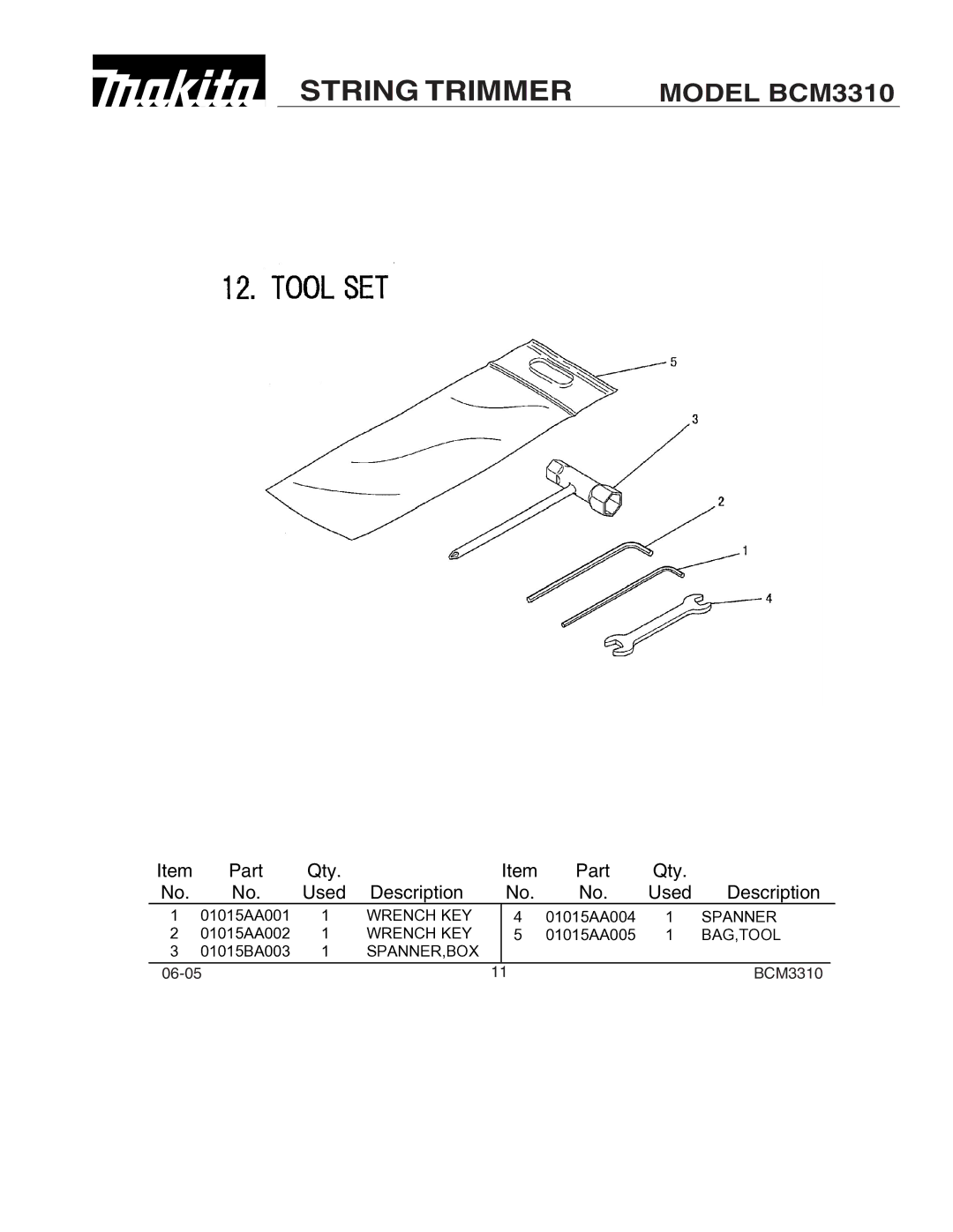 Makita BCM3310 manual Wrench KEY 