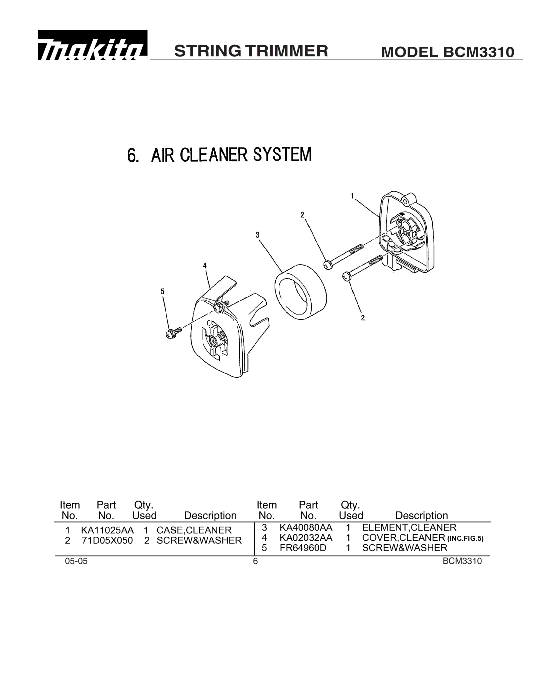 Makita BCM3310 manual Part Qty No. Used Description 