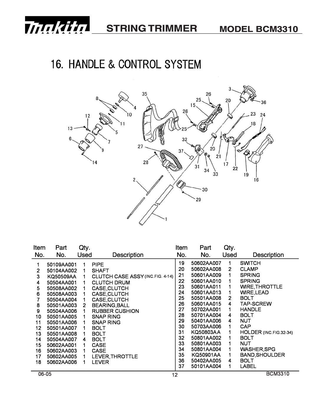 Makita manual String Trimmer, MODEL BCM3310, HOLDER INC. -34 