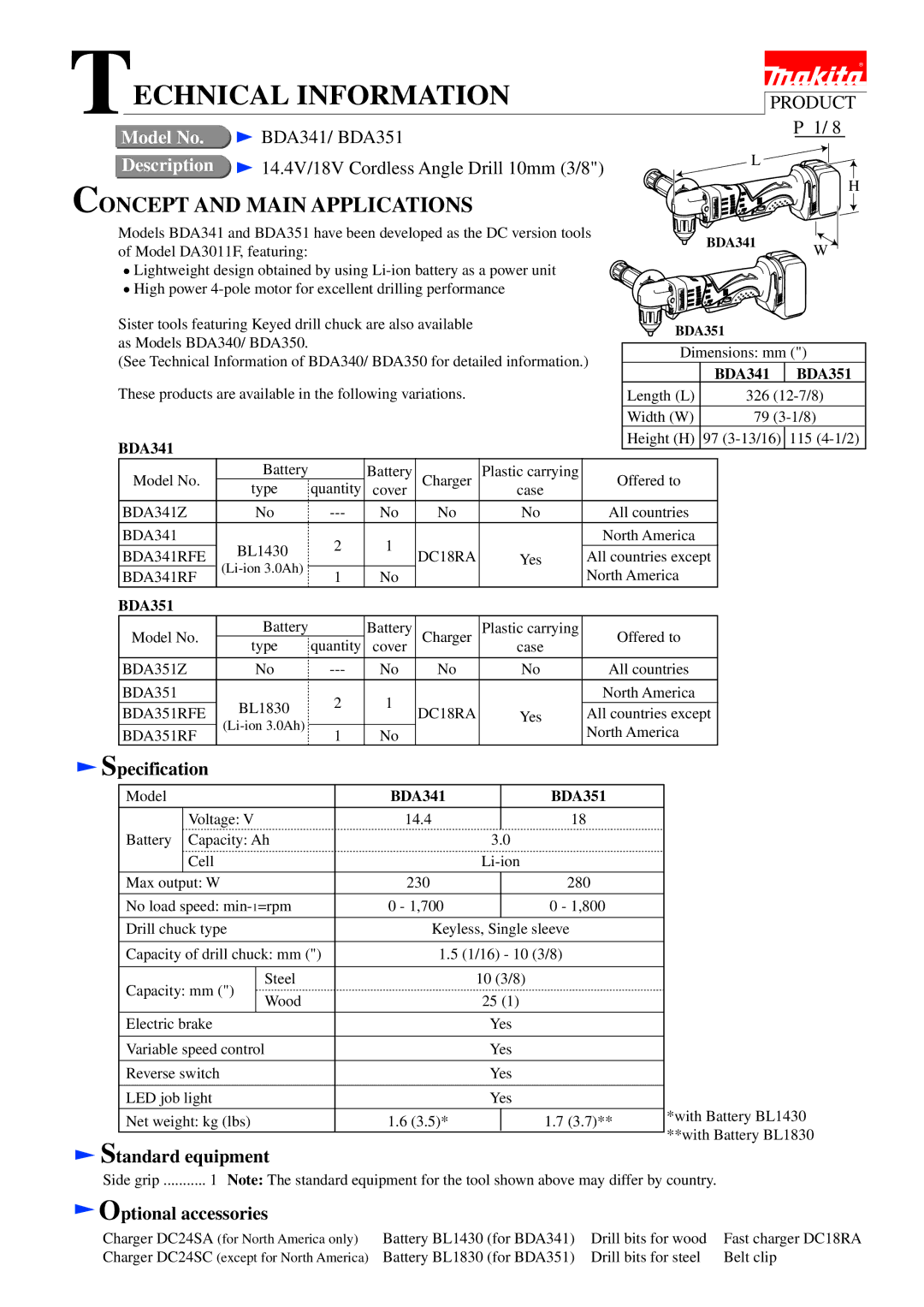 Makita BDA341/BDA351 dimensions Specification, Standard equipment, Optional accessories 