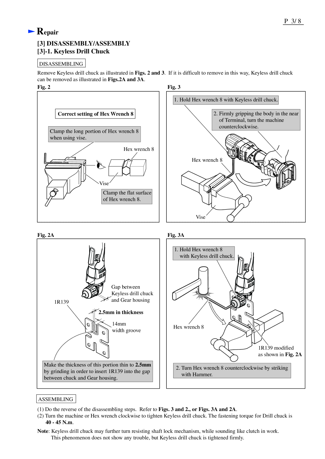 Makita BDA341/BDA351 dimensions Disassembly/Assembly, Keyless Drill Chuck, Correct setting of Hex Wrench, 5mm in thickness 