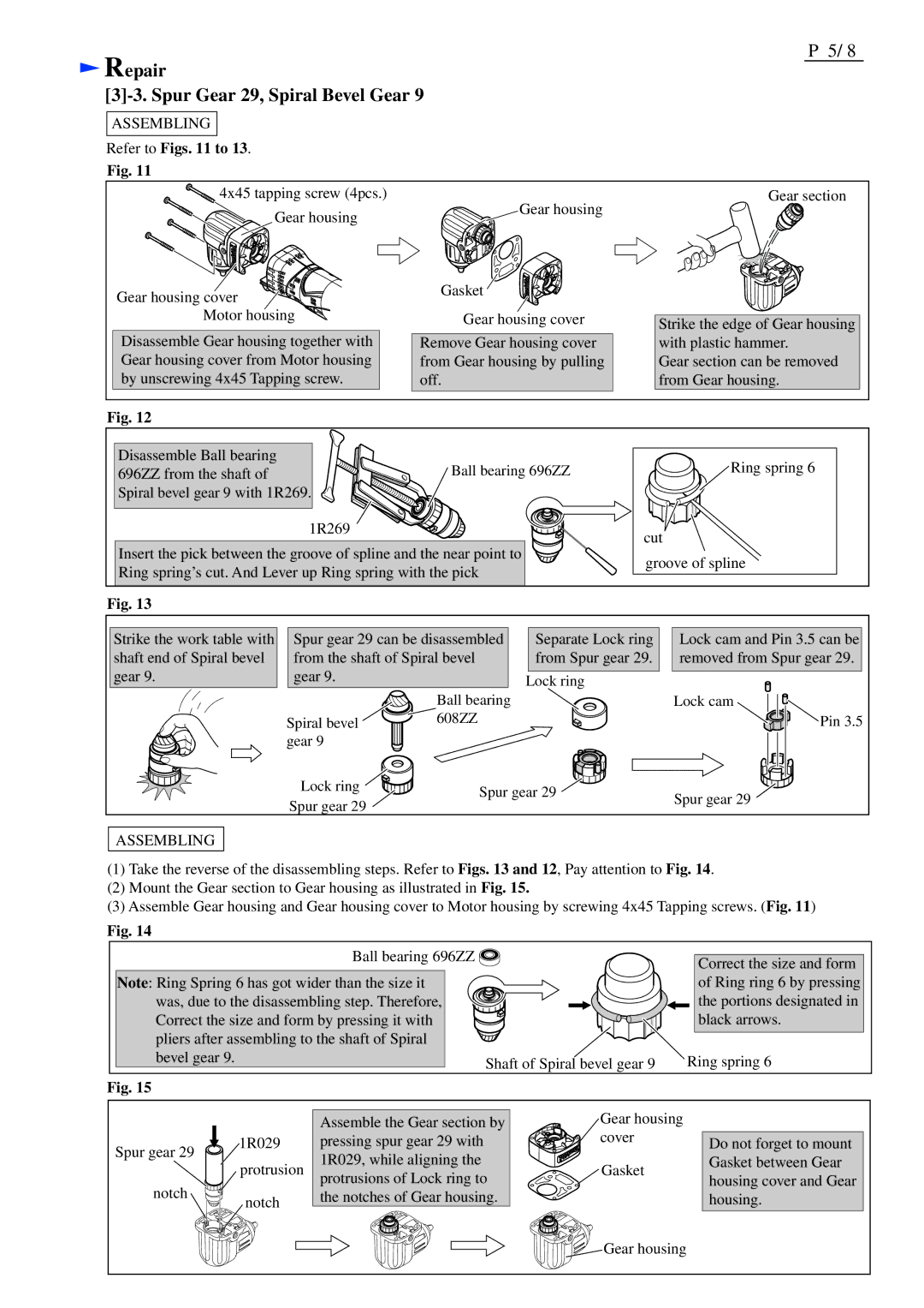 Makita BDA341/BDA351 dimensions Repair Spur Gear 29, Spiral Bevel Gear, Refer to Figs to 
