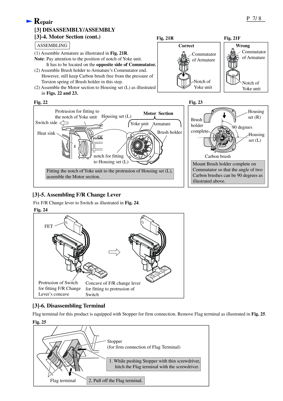 Makita BDA341/BDA351 dimensions Motor Section, Assembling F/R Change Lever, Disassembling Terminal, Correct, Figs Wrong 