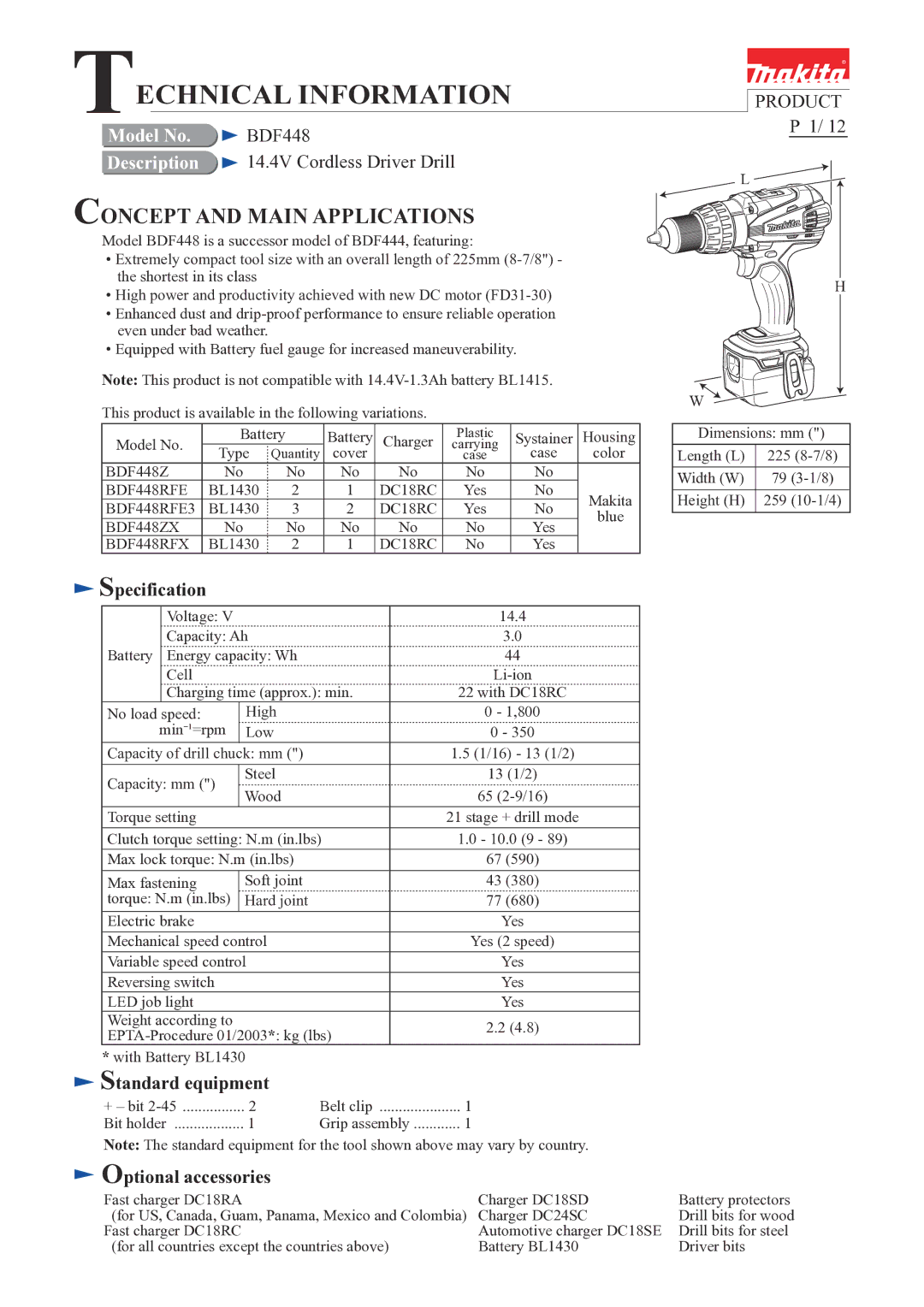 Makita BDF448 dimensions Echnical Information 