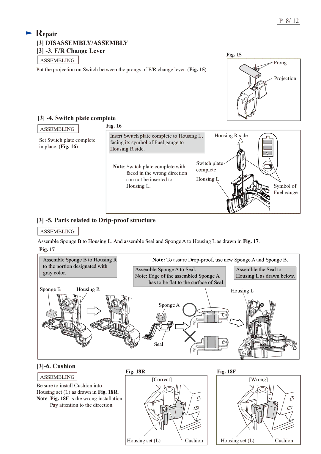 Makita BDF448 dimensions F/R Change Lever, Switch plate complete, Parts related to Drip-proof structure, Cushion 