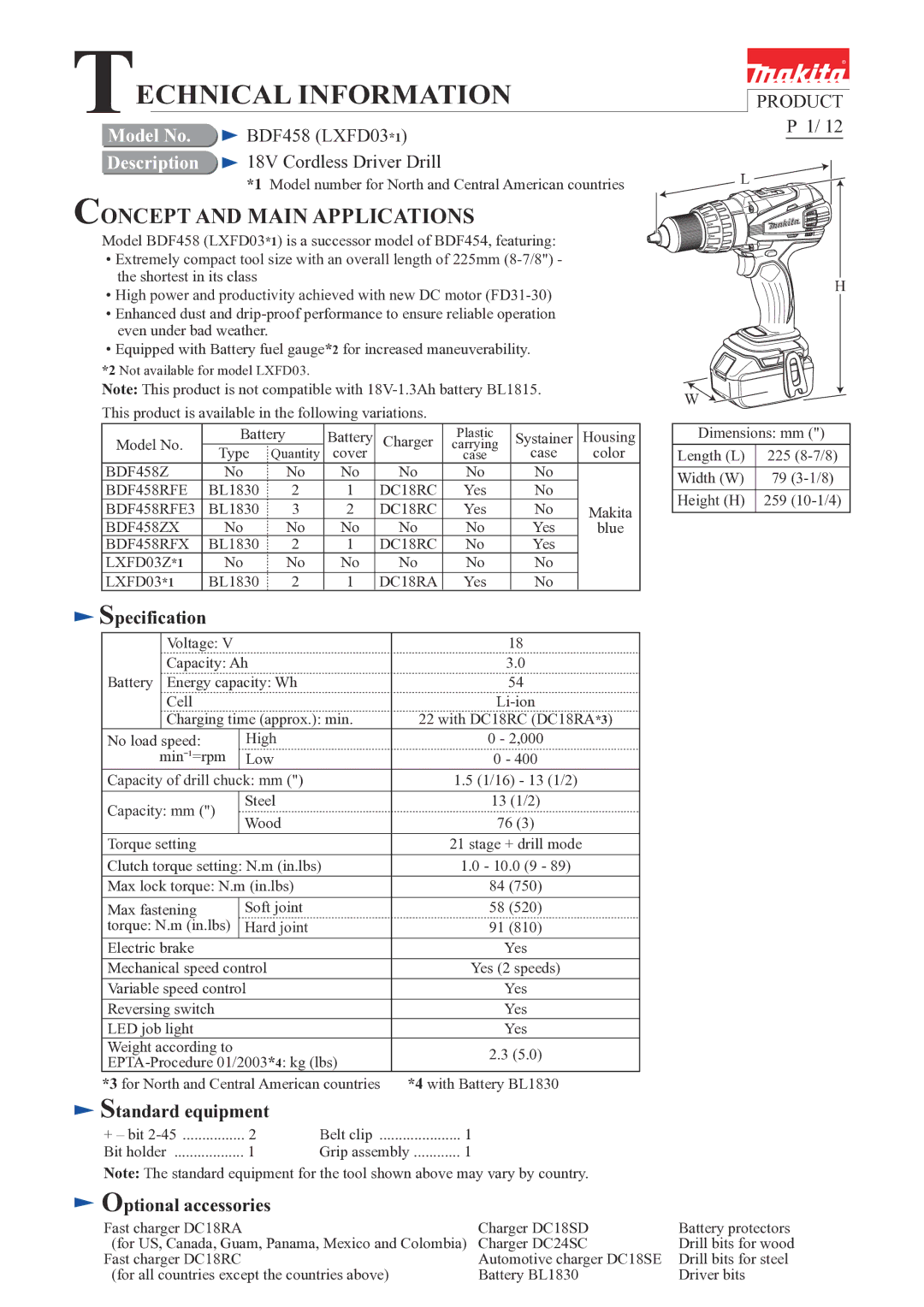 Makita BDF458 (LXFD03*1) dimensions Echnical Information 