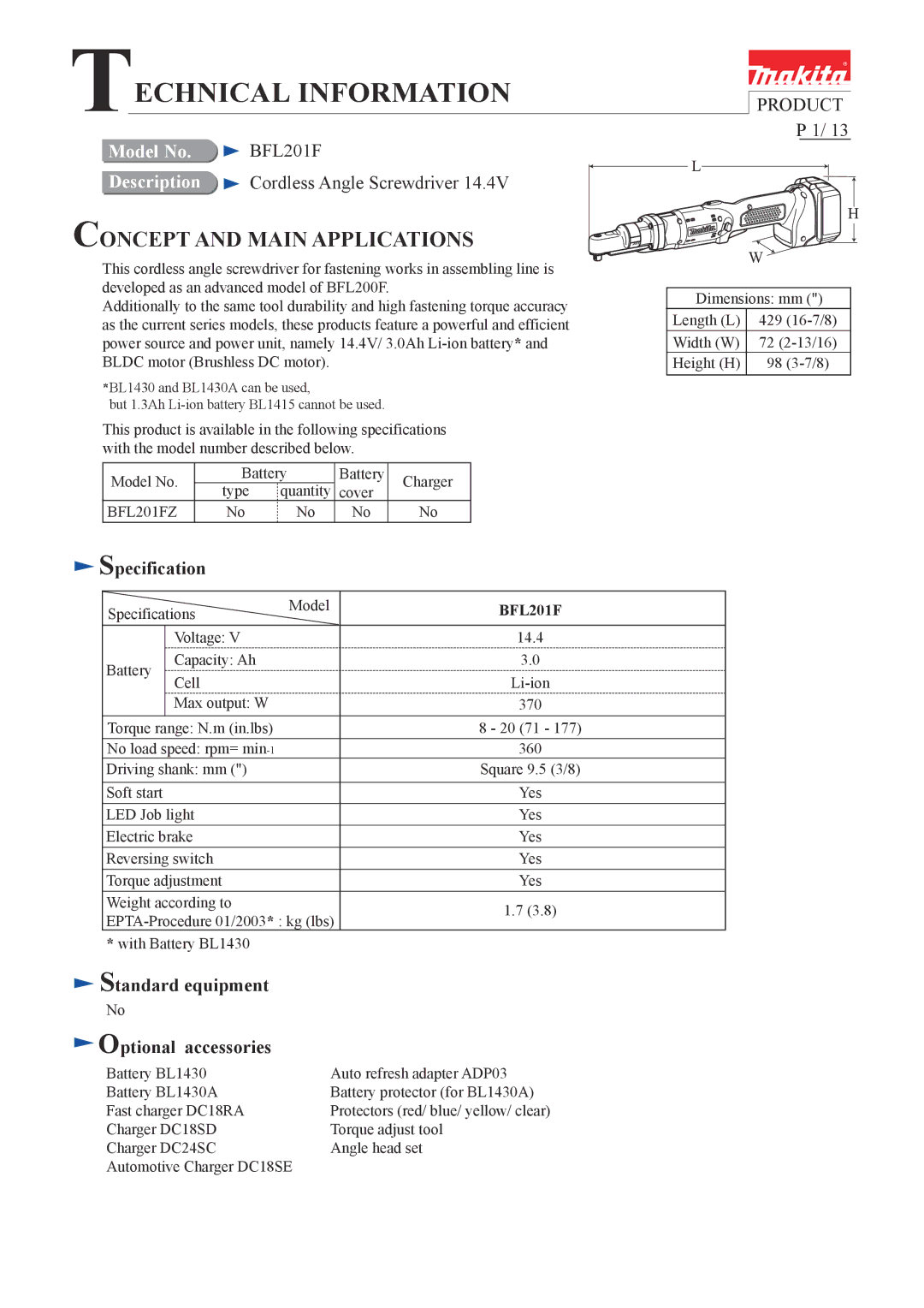 Makita BFL201F specifications Echnical Information, Standard equipment Optional accessories 