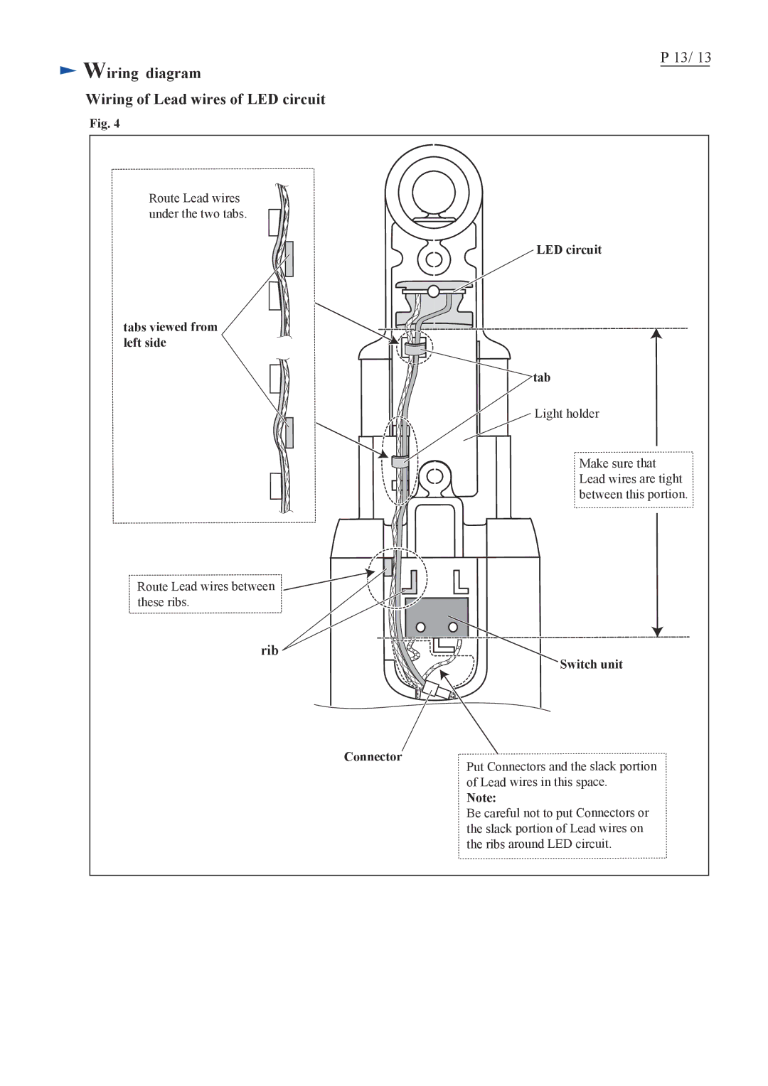 Makita BFL201F specifications Wiring diagram Wiring of Lead wires of LED circuit, Tabs viewed from Left side, Switch unit 