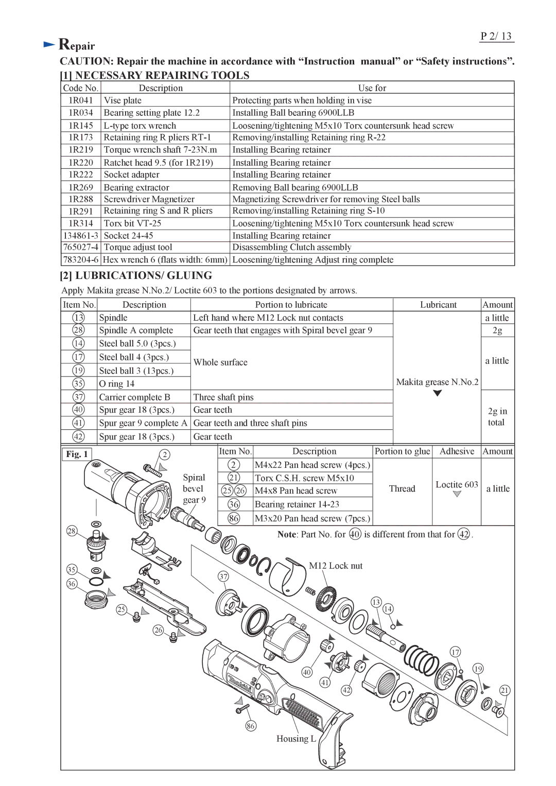 Makita BFL201F specifications Necessary Repairing Tools 