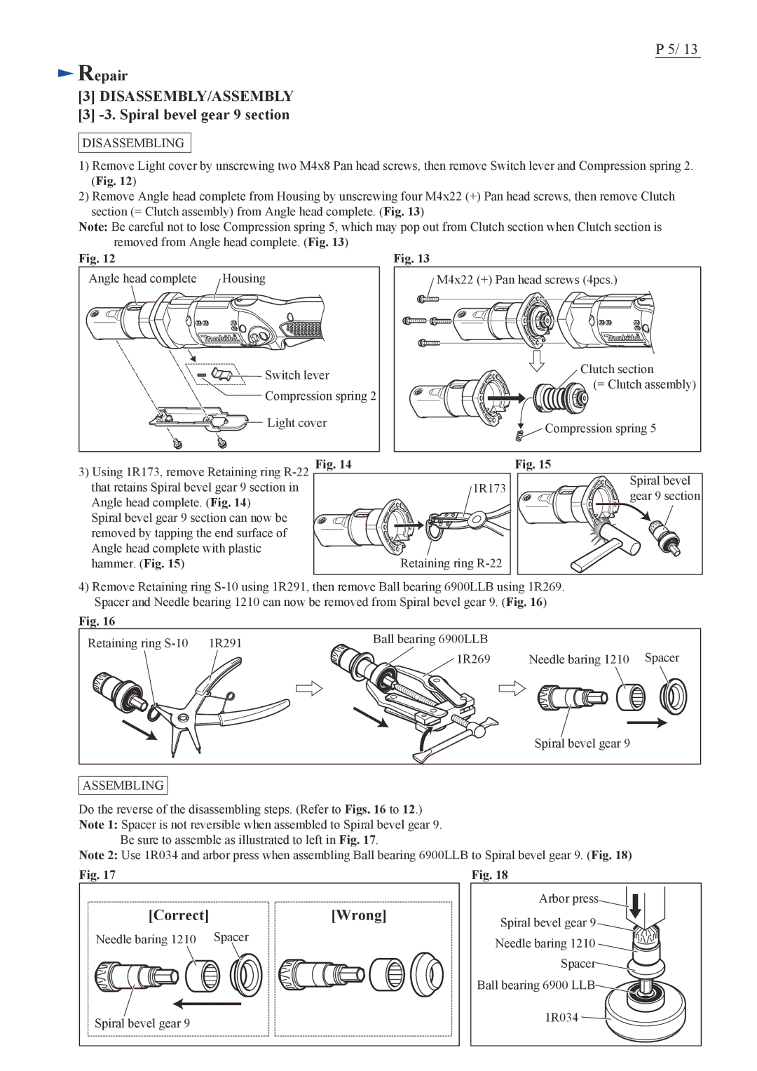 Makita BFL201F specifications Spiral bevel gear 9 section, Correct Wrong 