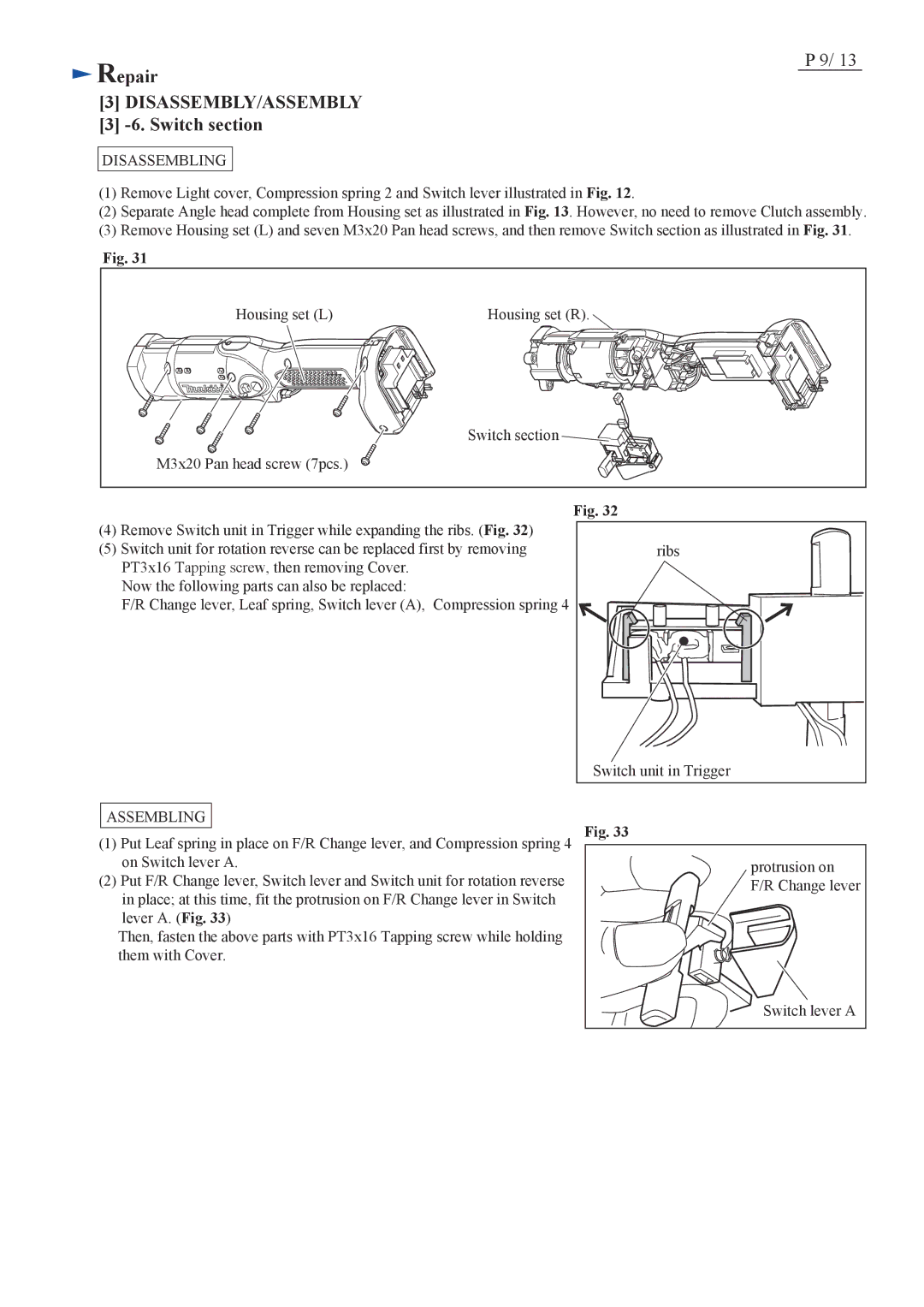 Makita BFL201F specifications Switch section 