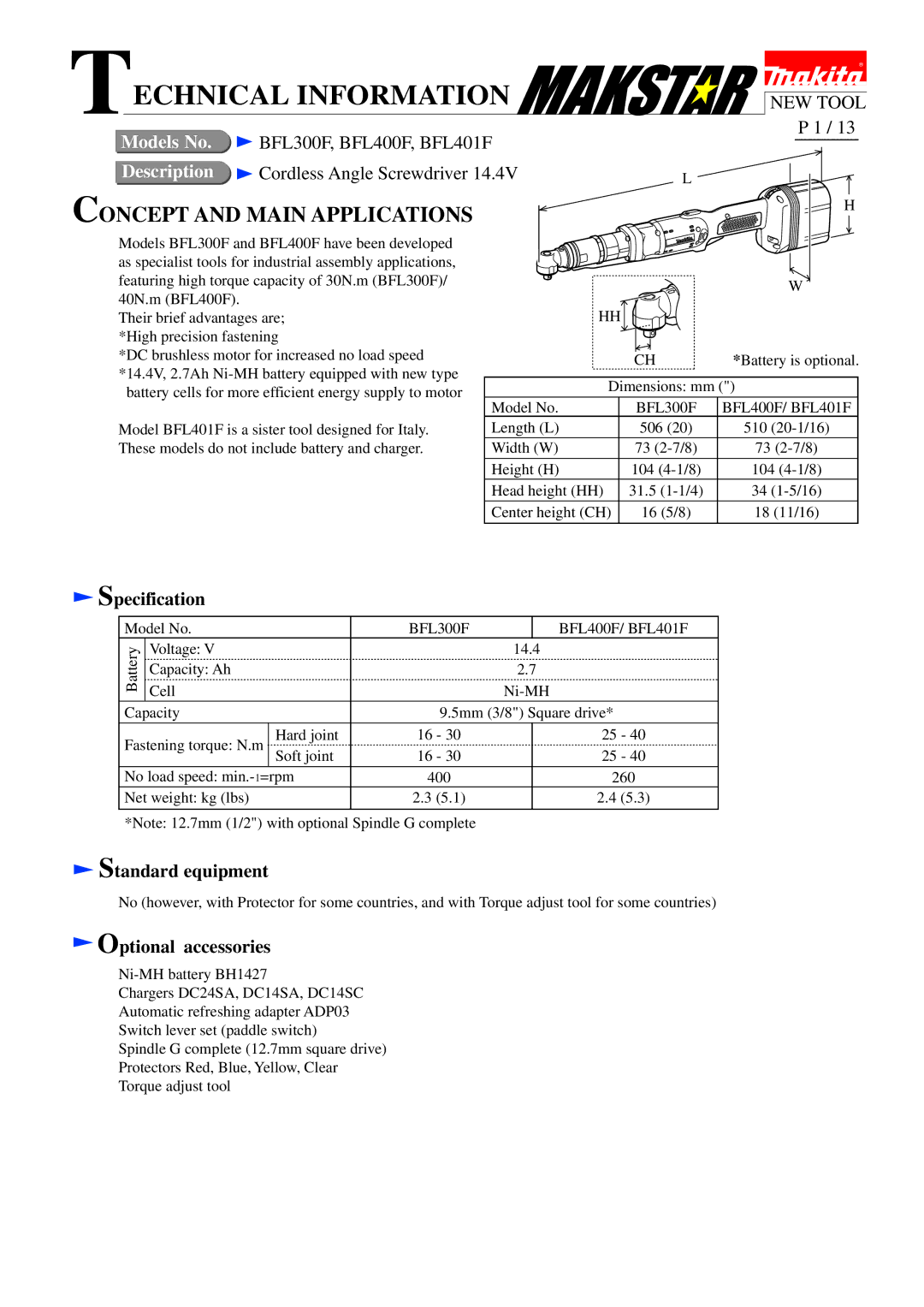 Makita BFL300F, BFL400F, BFL401F dimensions Specification, Standard equipment, Optional accessories 