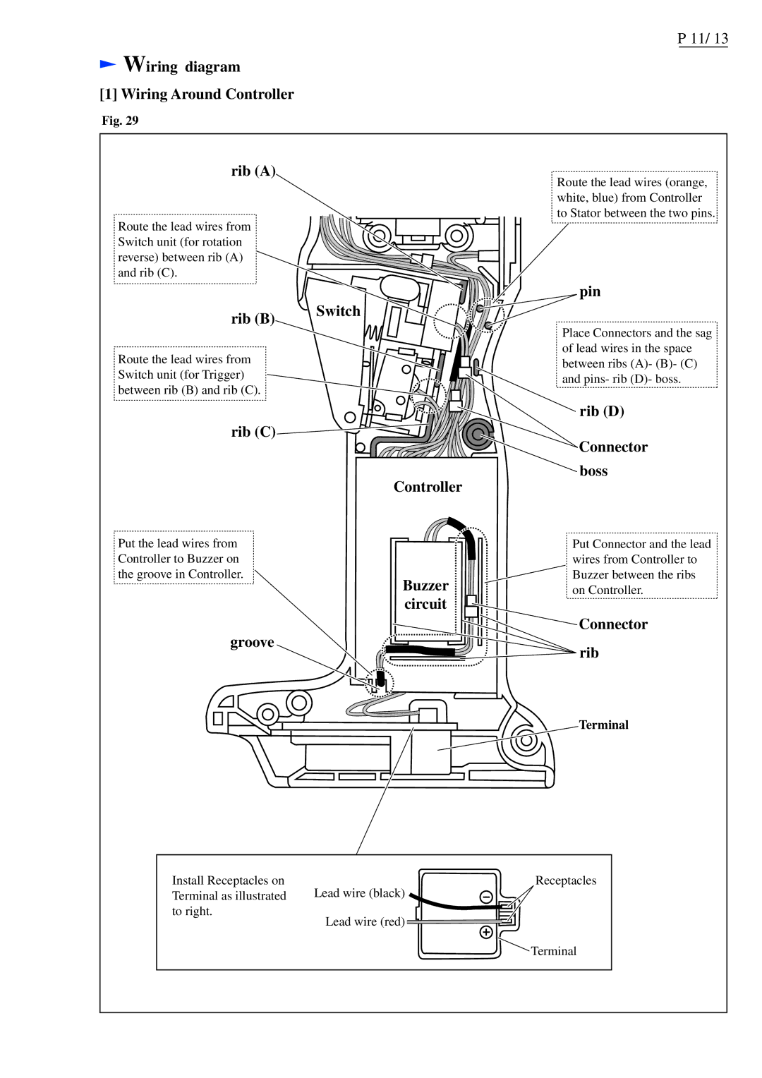 Makita BFL401F Wiring diagram Wiring Around Controller Rib a, Rib B Switch, Pin, Rib C, Buzzer, Circuit Connector Rib 