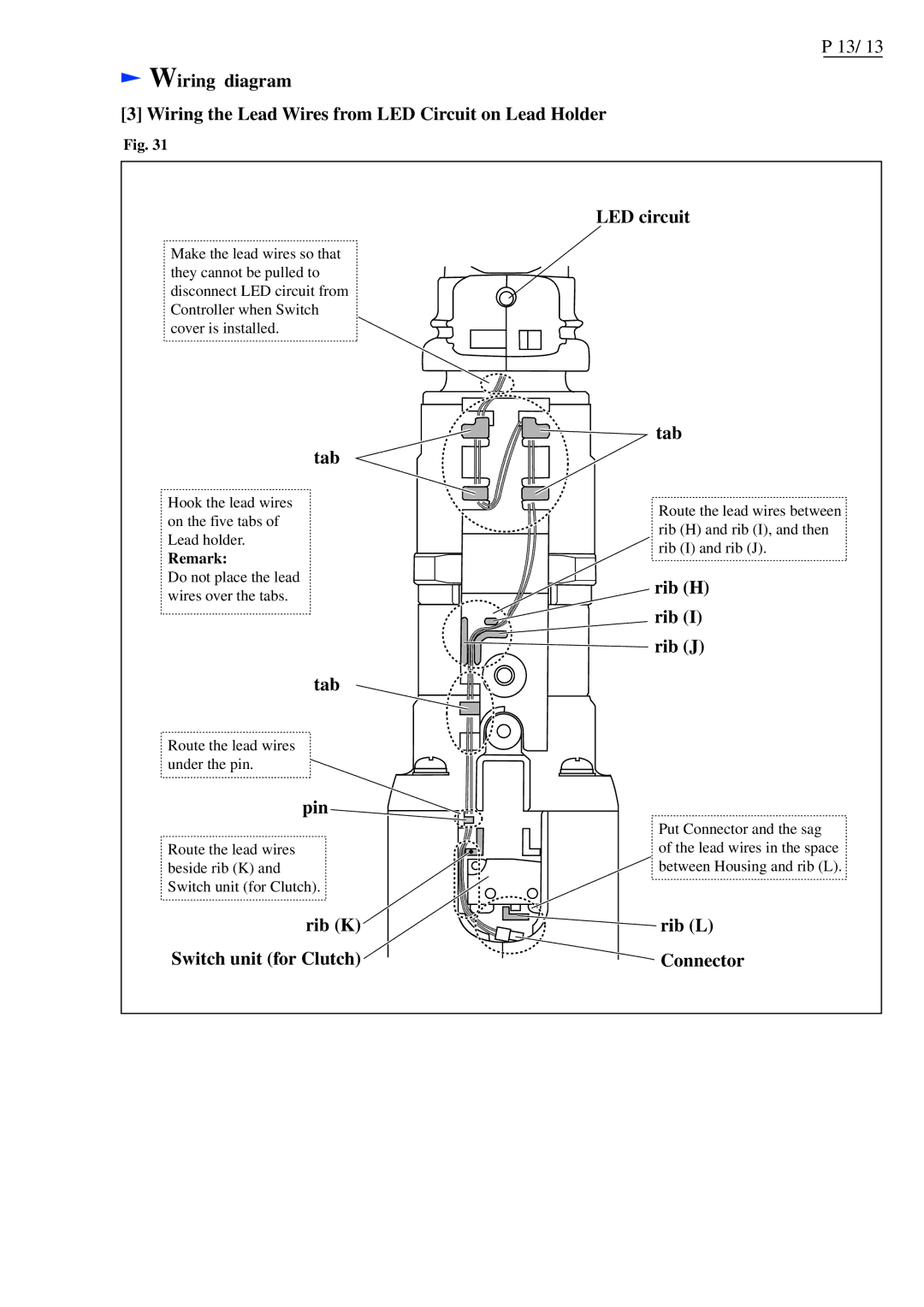 Makita BFL300F Wiring diagram, LED circuit, Rib K Switch unit for Clutch Tab, Rib H Rib I rib J, Rib L Connector 