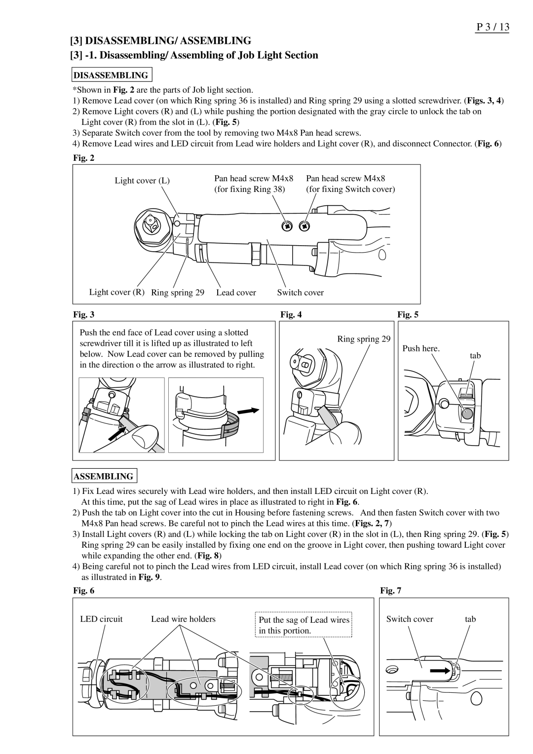 Makita BFL400F, BFL300F, BFL401F dimensions DISASSEMBLING/ Assembling, Disassembling/ Assembling of Job Light Section 