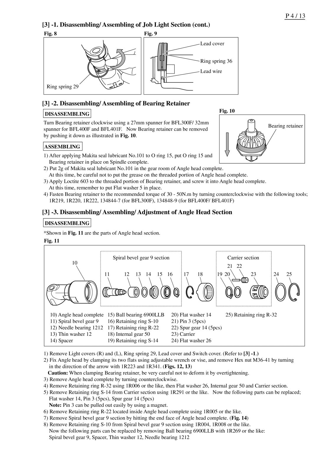 Makita BFL300F Disassembling/ Assembling of Bearing Retainer, Disassembling/ Assembling/ Adjustment of Angle Head Section 