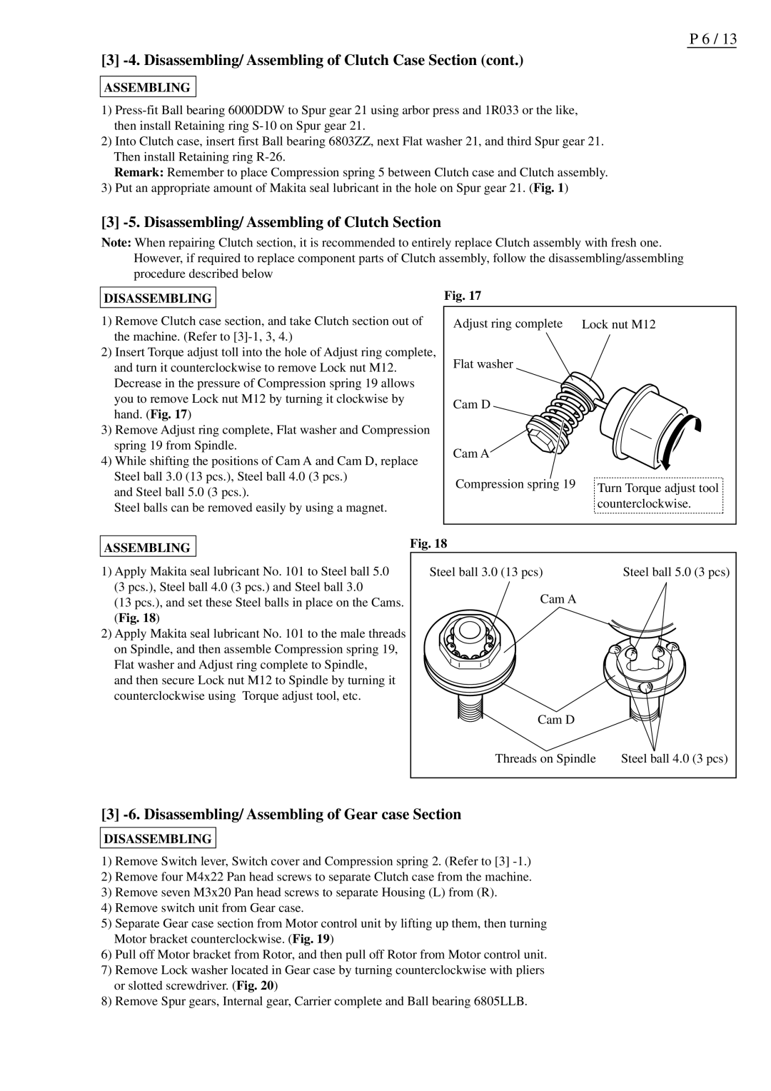 Makita BFL400F, BFL300F Disassembling/ Assembling of Clutch Section, Disassembling/ Assembling of Gear case Section 