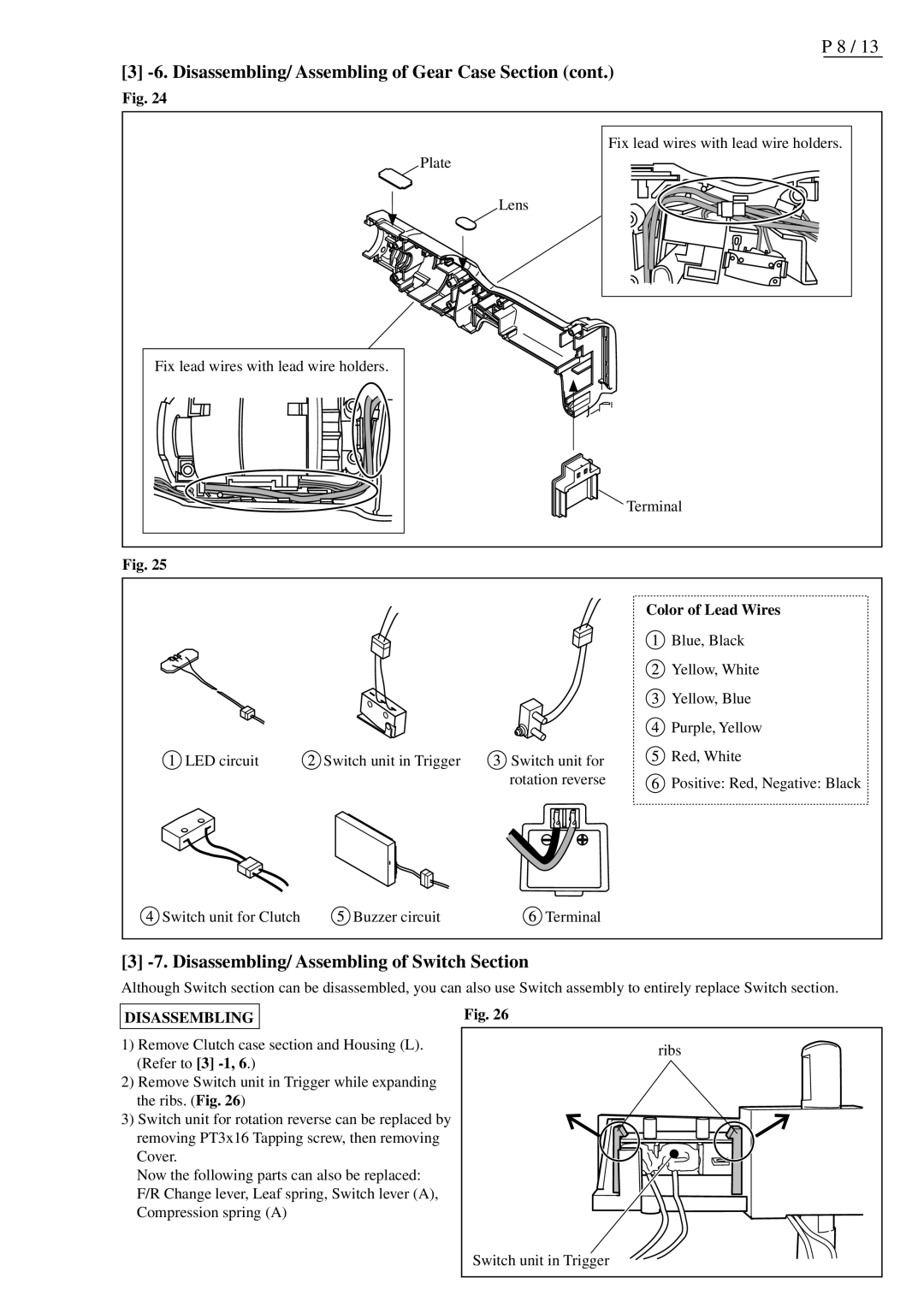 Makita BFL401F, BFL400F, BFL300F dimensions Disassembling/ Assembling of Switch Section, Color of Lead Wires 